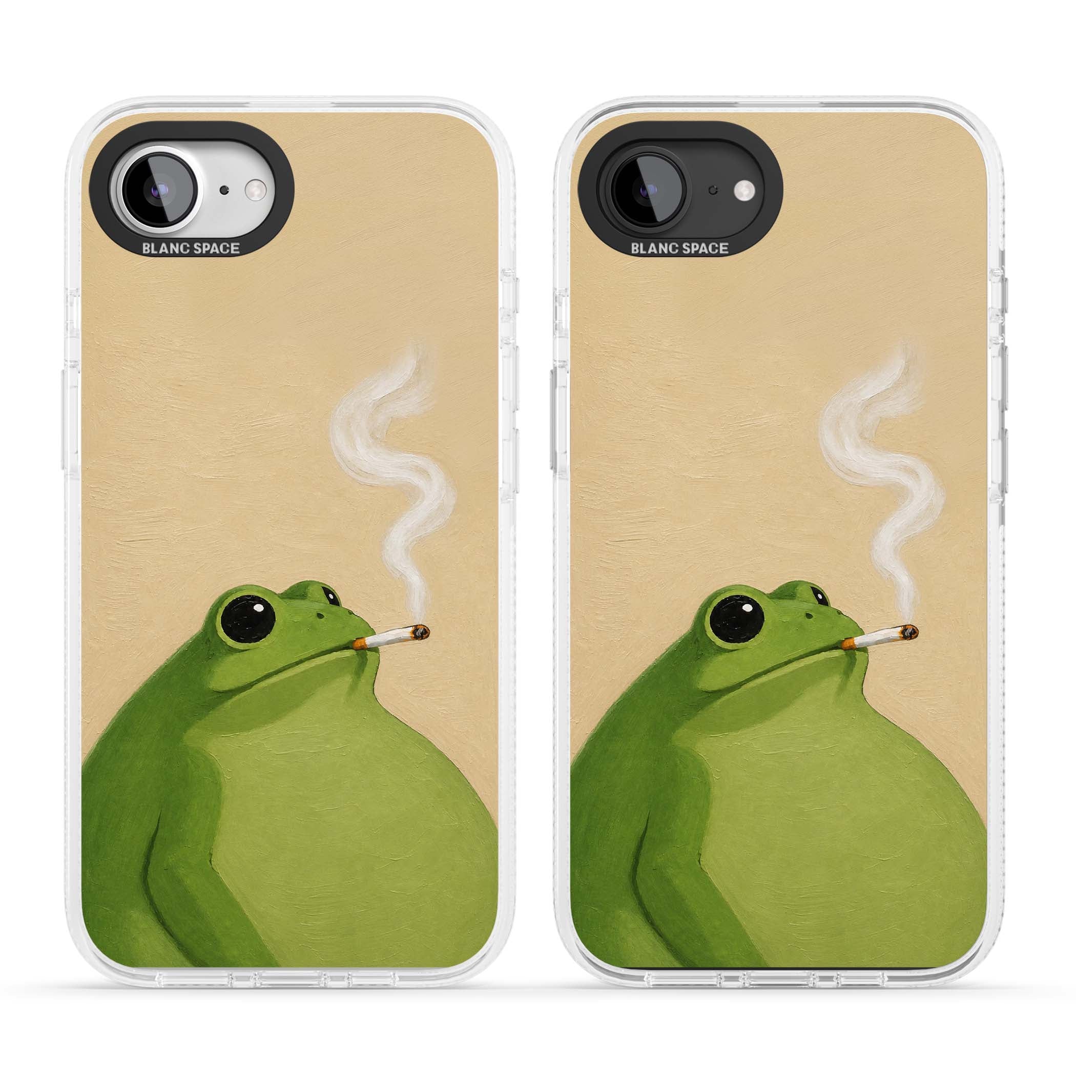 The Smoking Frog cottagecore iPhone case featuring a hand-painted green frog smoking a cigarette on a cream oil painting back | Clear Case Impact Air case for iPhone 16e, iPhone 17e
