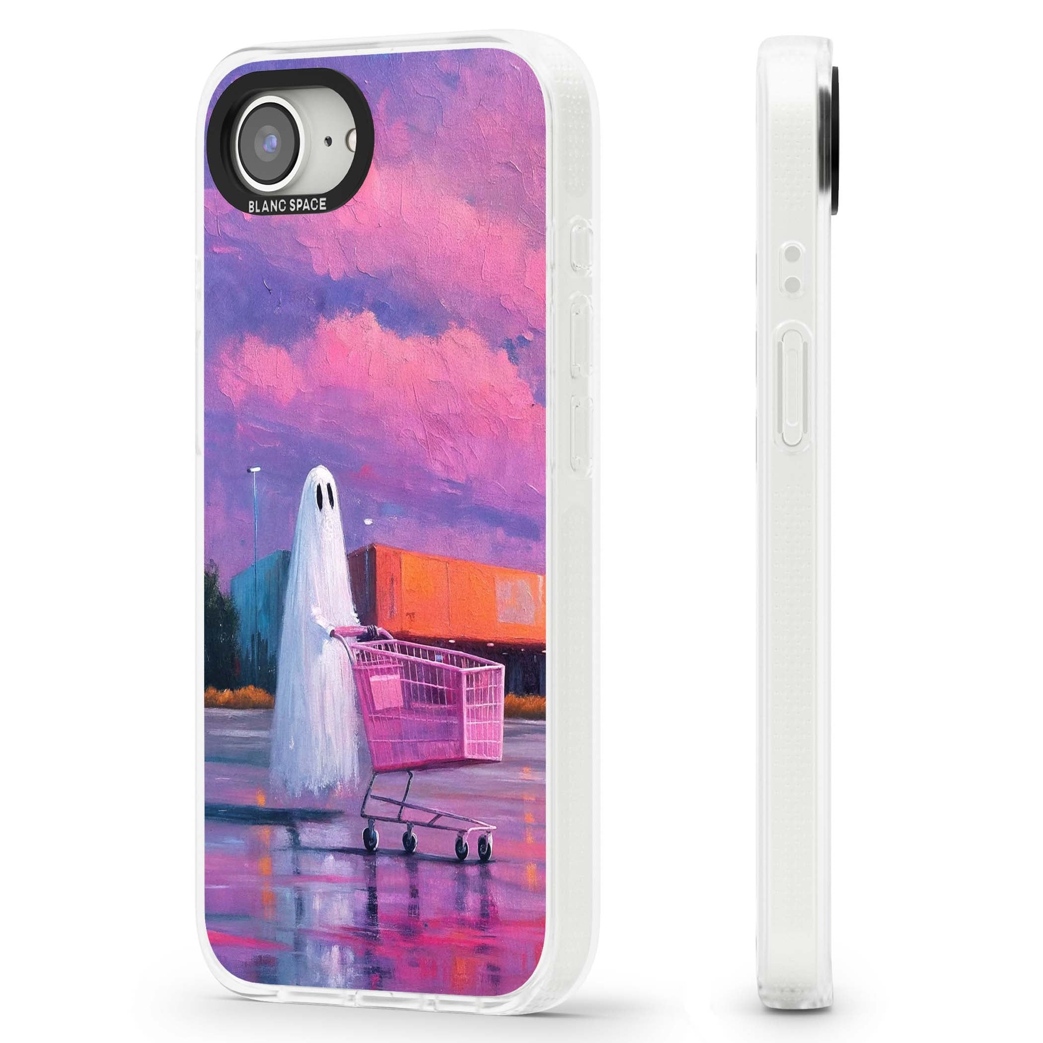 A Ghost's Errand ghost halloween iPhone case featuring a painted ghost, pink shopping trolley and purple sunset sky | Clear Case Impact Air case for iPhone 16e, iPhone 17e