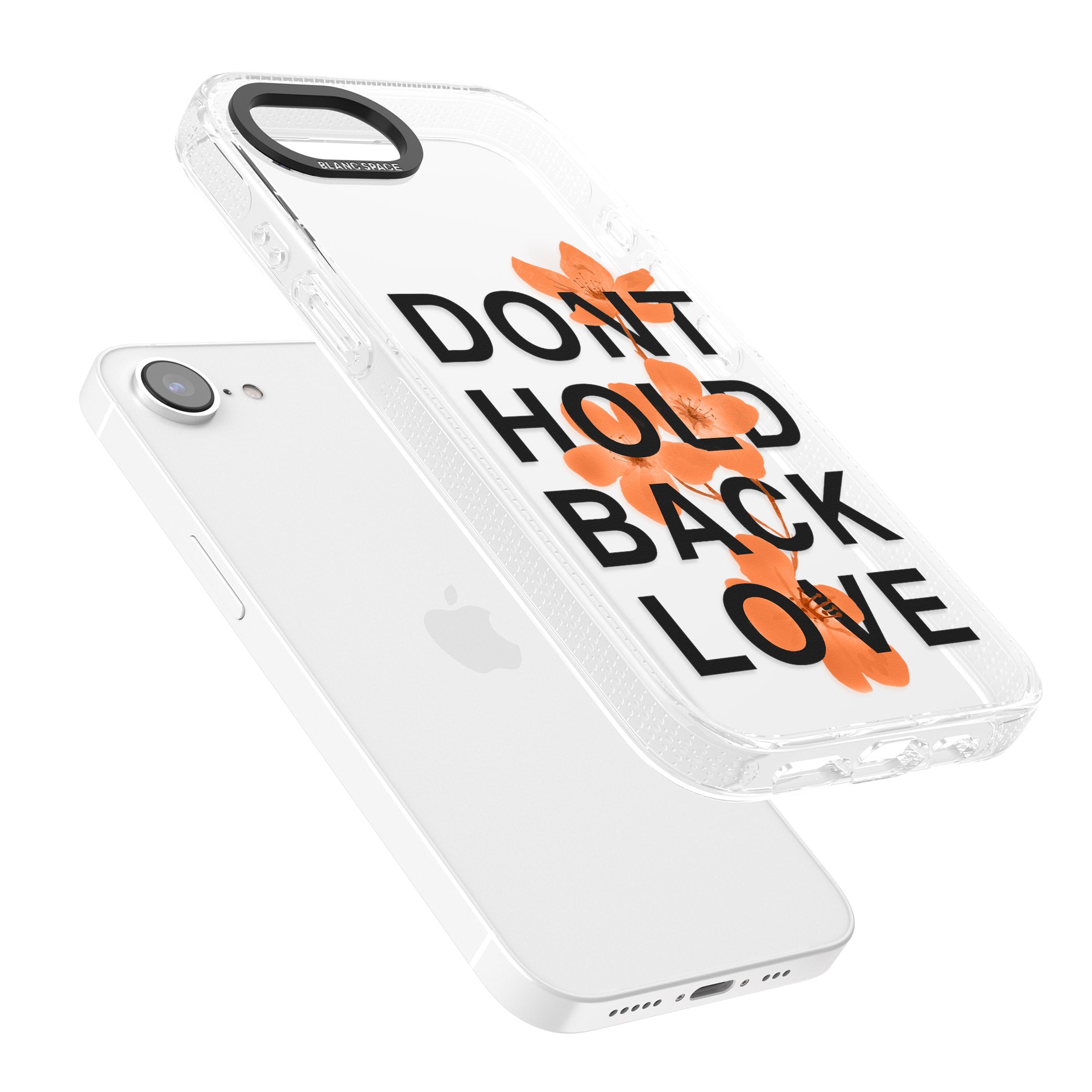 Don't Hold Back Love - Orange & Black iPhone 16e Clear Case Impact Air - Blanc Space