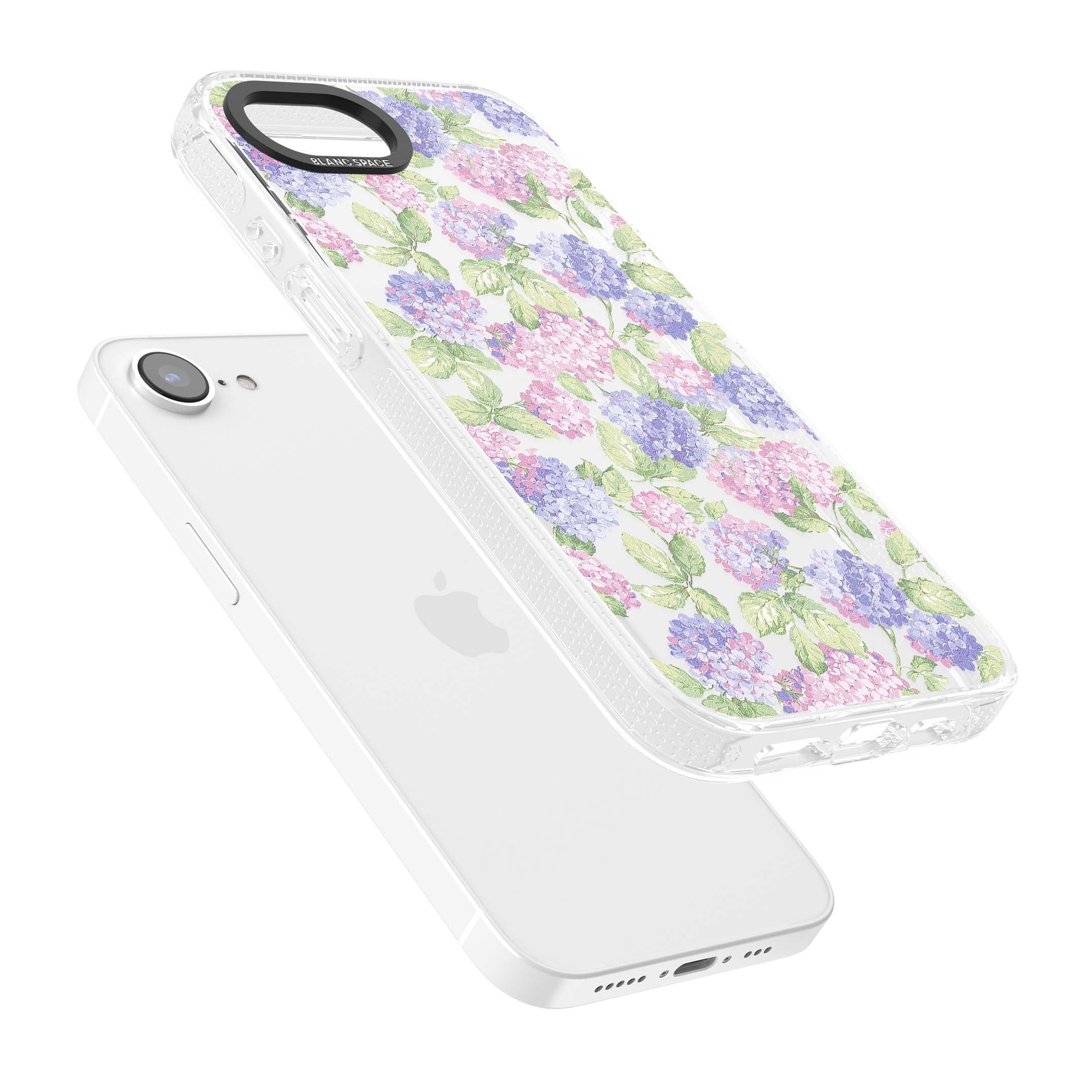 Cottage Hydrangea cottagecore iPhone case featuring pink and purple hydrangea blooms with green leaves on a clear background | Clear Case Impact Air case for iPhone 16e, iPhone 17e