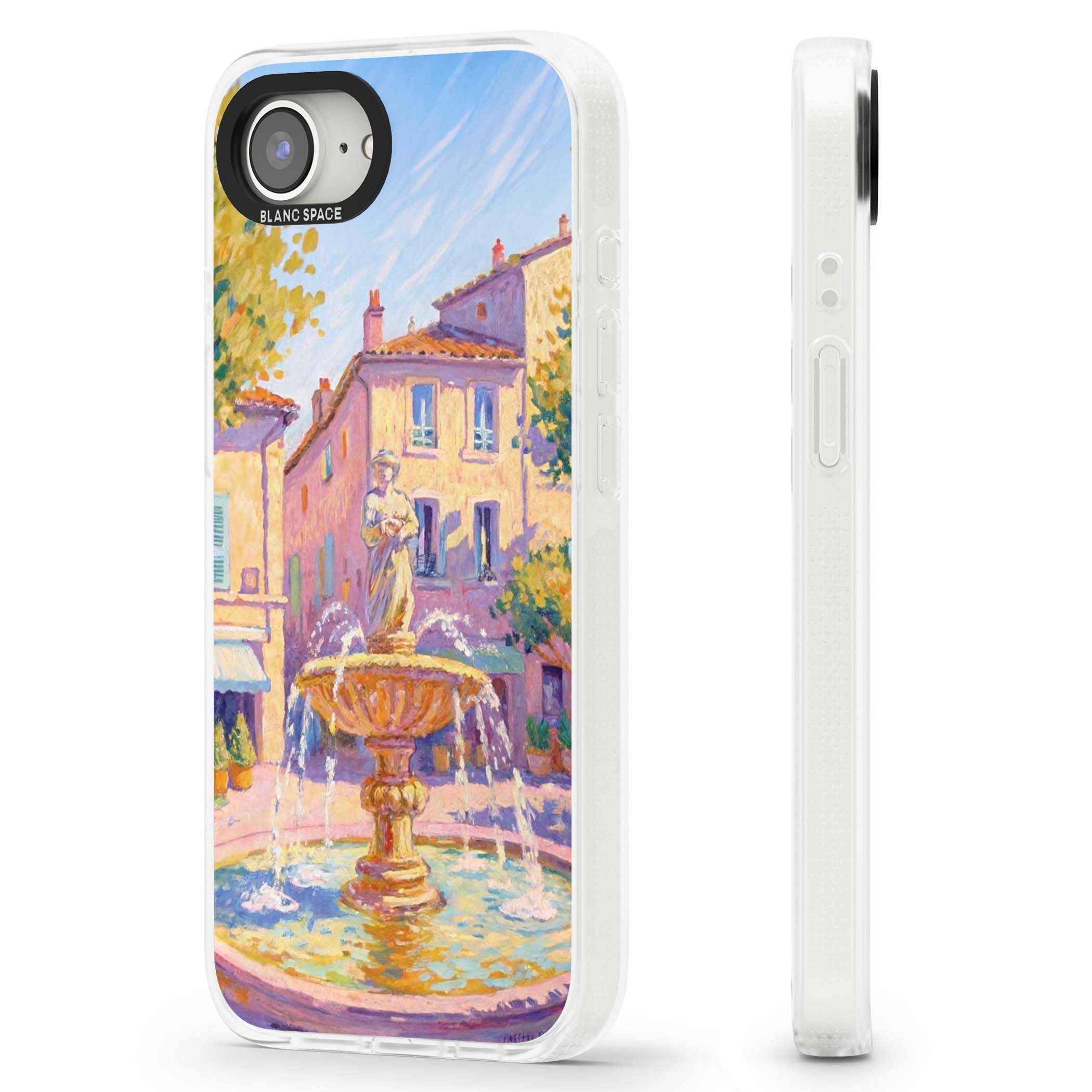 Fountain Square fine art iPhone case featuring an impressionist Provençal fountain, pastel village buildings and summe | Clear Case Impact Air case for iPhone 16e, iPhone 17e
