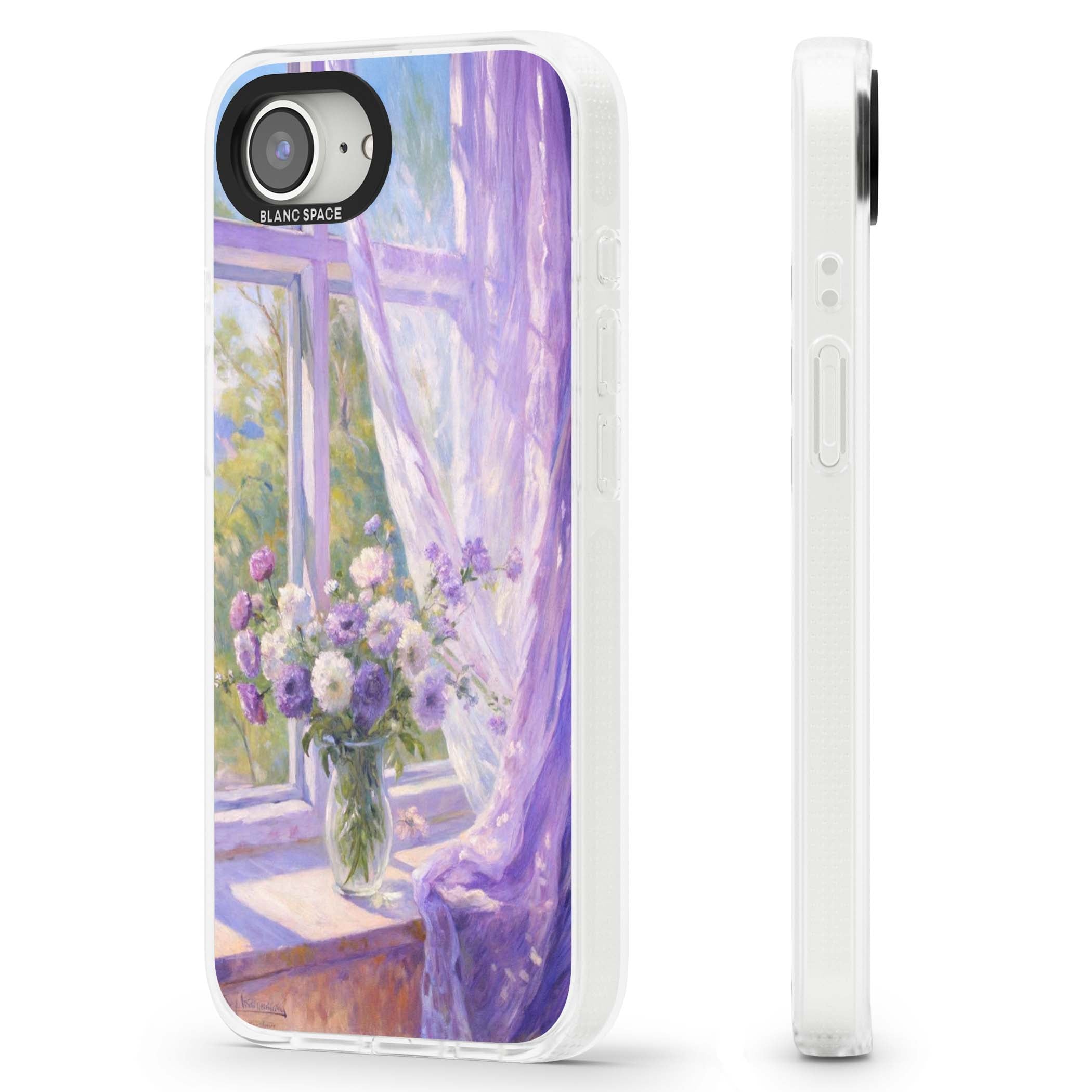 A Provence Morning impressionist art iPhone case featuring a vase of purple flowers, sunlit window and sheer curt | Clear Case Impact Air case for iPhone 16e, iPhone 17e