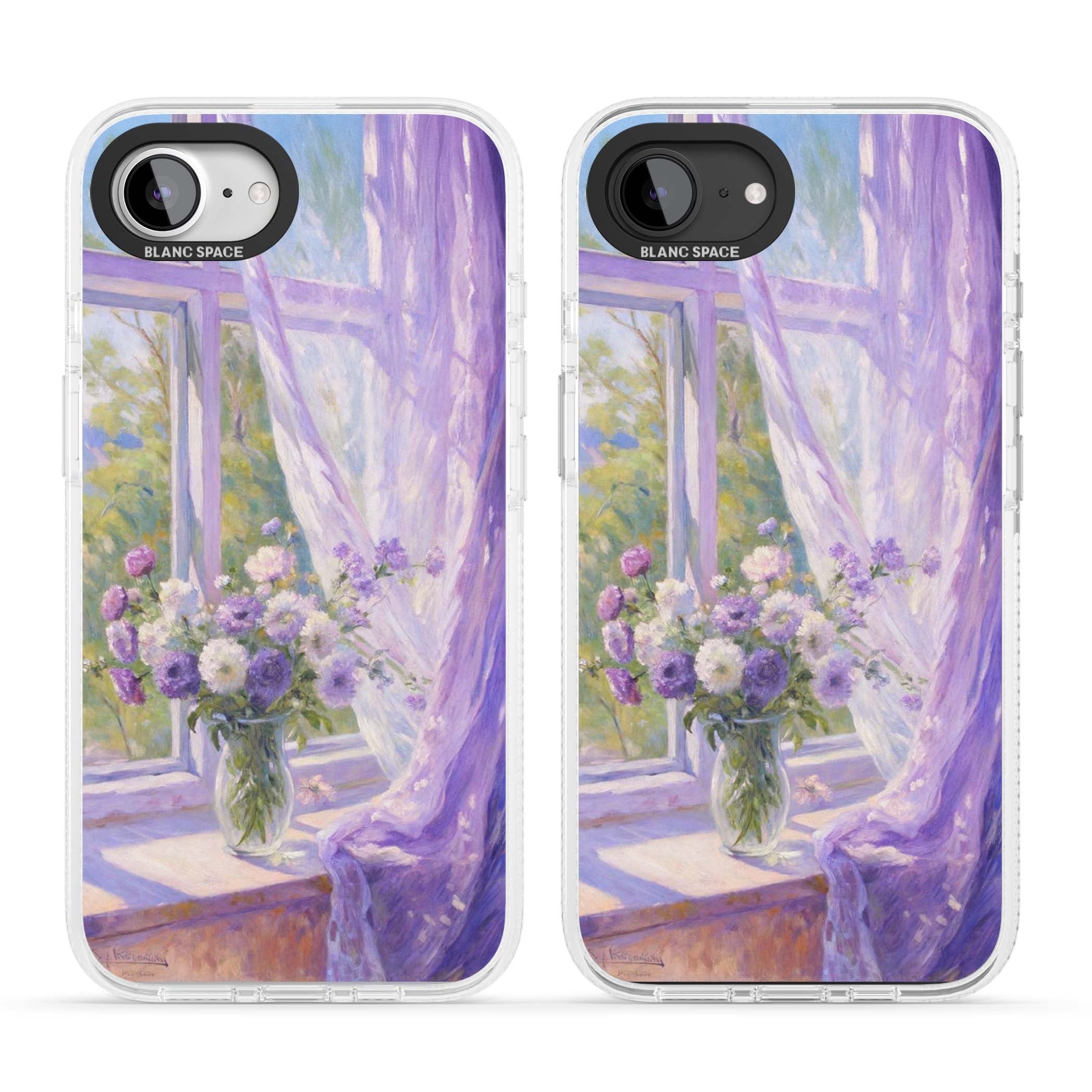 A Provence Morning impressionist art iPhone case featuring a vase of purple flowers, sunlit window and sheer curt | Clear Case Impact Air case for iPhone 16e, iPhone 17e