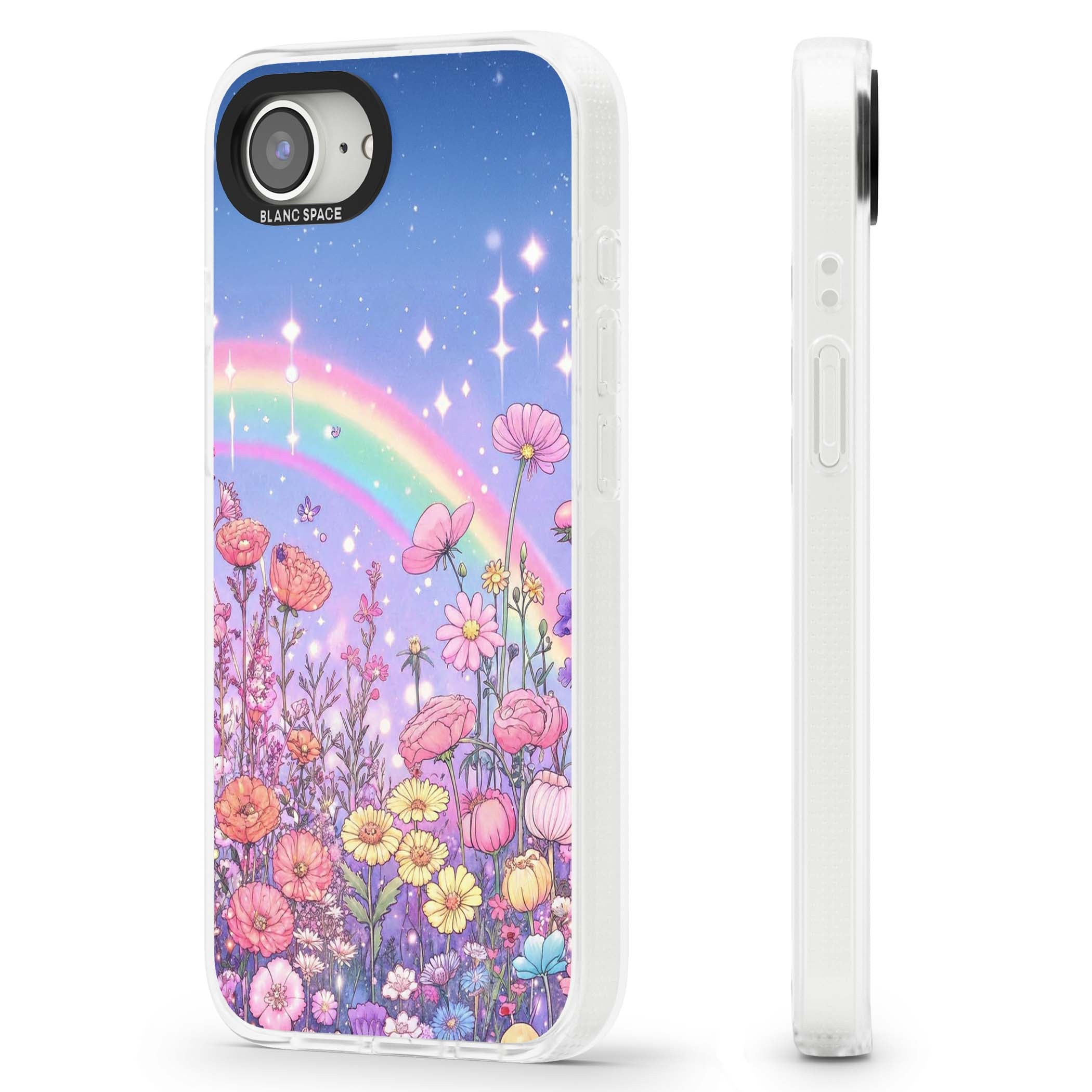 Magical Meadow fairycore iPhone case featuring a pastel rainbow, sparkling stars and a wildflower meadow | Clear Case Impact Air case for iPhone 16e, iPhone 17e