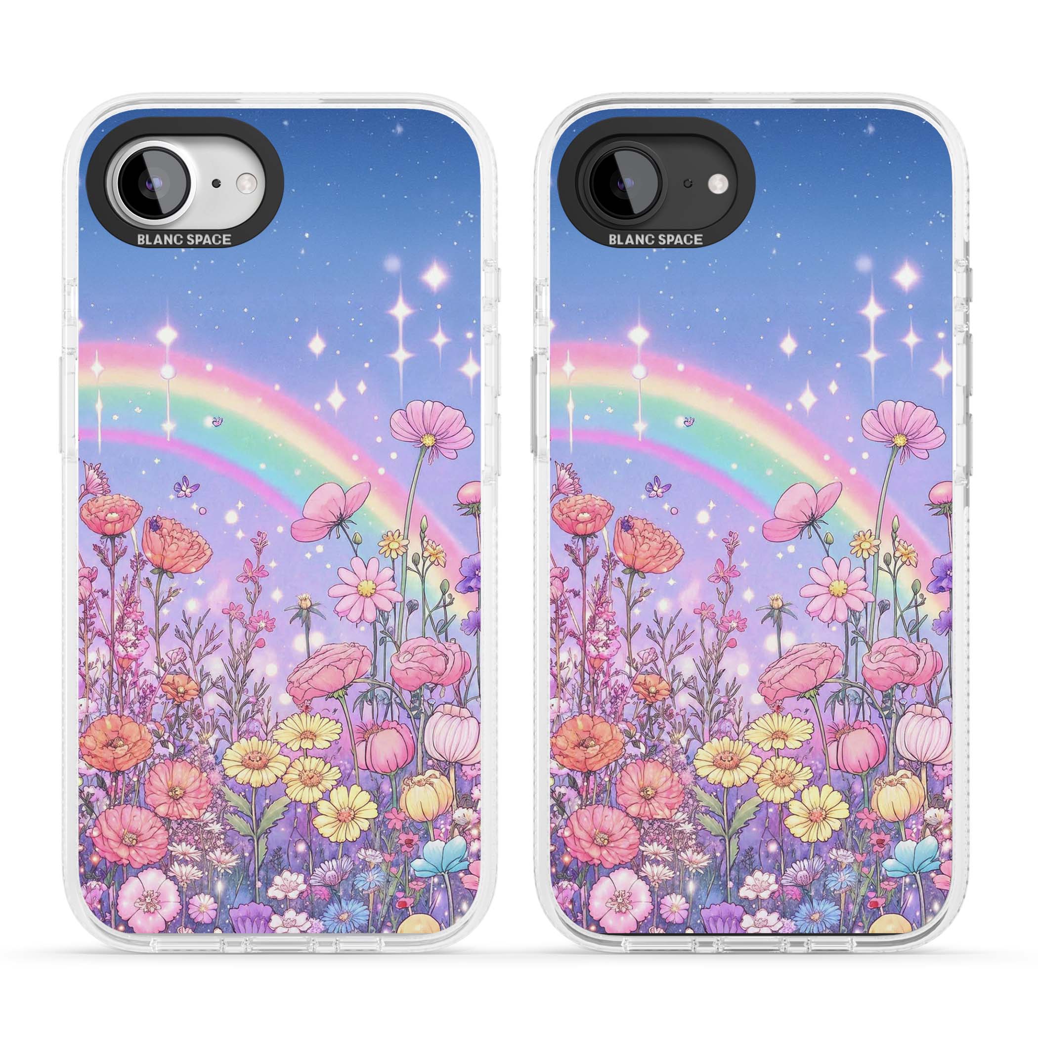 Magical Meadow fairycore iPhone case featuring a pastel rainbow, sparkling stars and a wildflower meadow | Clear Case Impact Air case for iPhone 16e, iPhone 17e