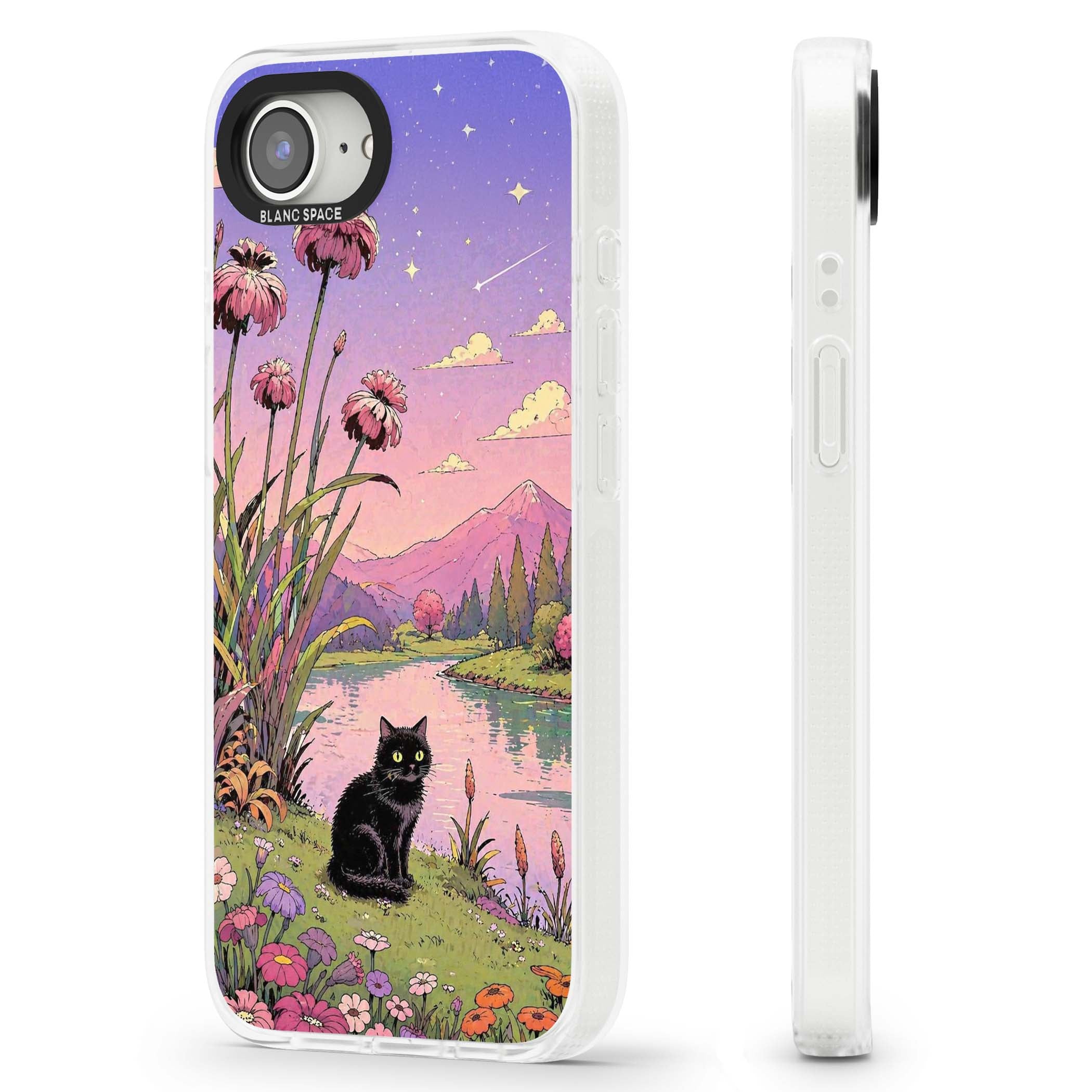 Mystic Whiskers ghibli iPhone case featuring a black cat by a pastel lake, wildflowers and a starry sunset sky | Clear Case Impact Air case for iPhone 16e, iPhone 17e