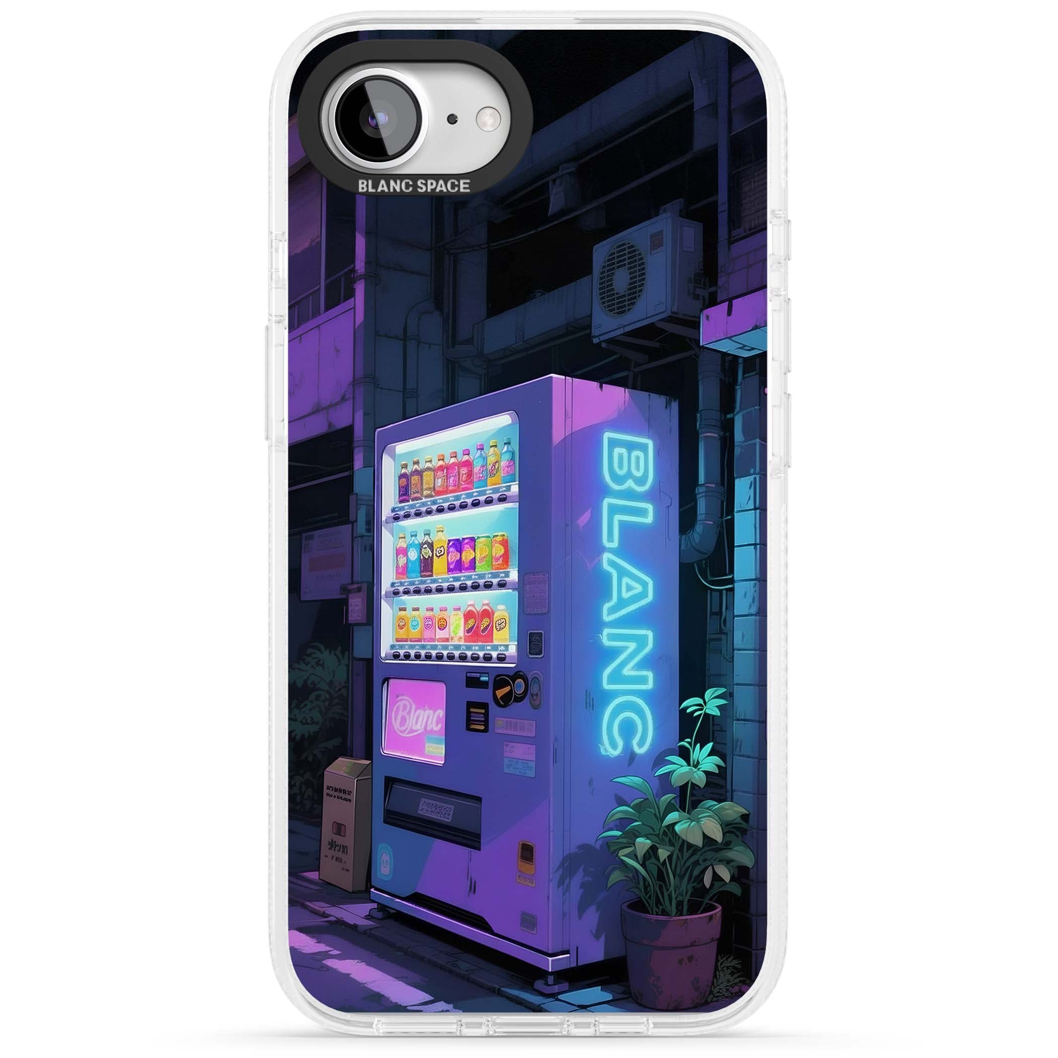 Shibuya Glow Japanese iPhone case featuring a glowing Tokyo vending machine, neon signage, and moody purple alleyway | Clear Case Impact Air case for iPhone 16e, iPhone 17e
