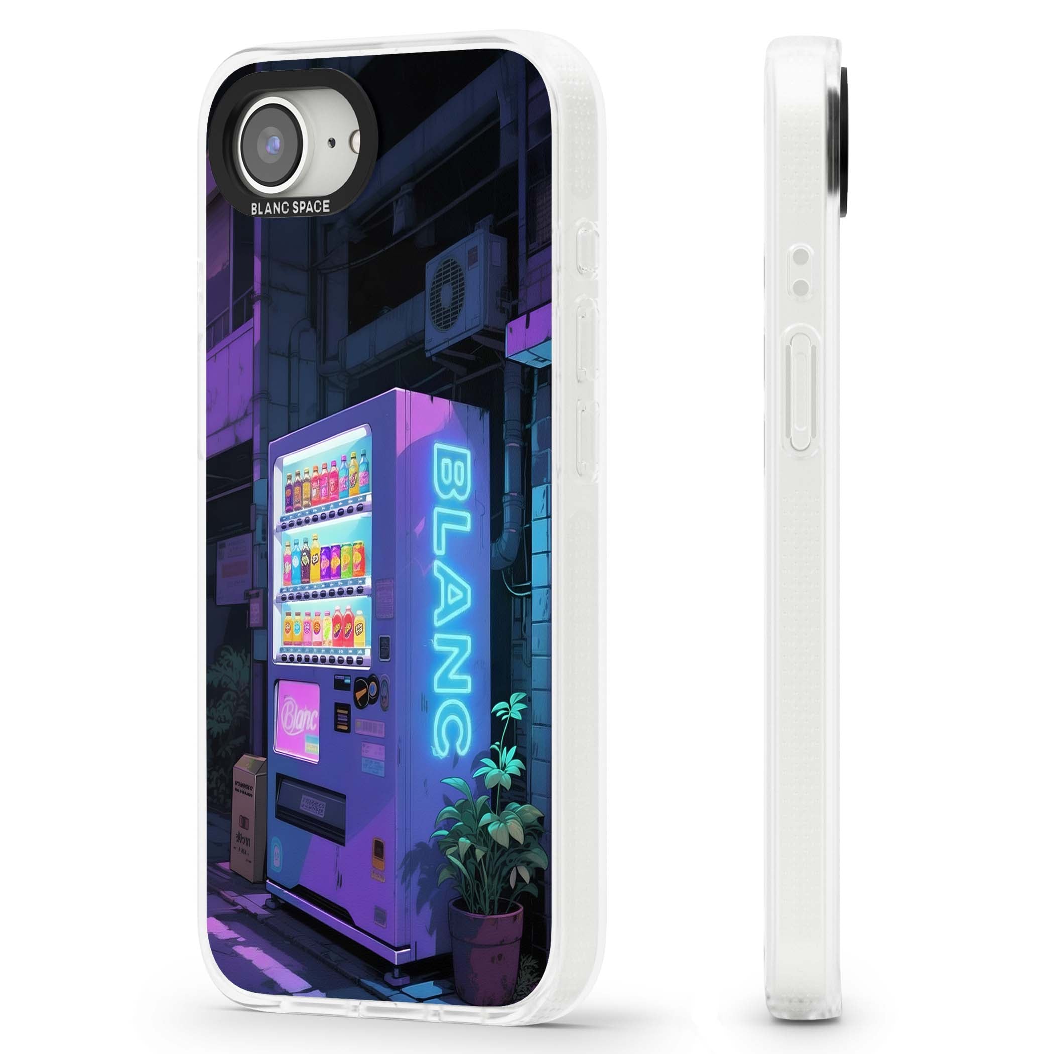 Shibuya Glow Japanese iPhone case featuring a glowing Tokyo vending machine, neon signage, and moody purple alleyway | Clear Case Impact Air case for iPhone 16e, iPhone 17e