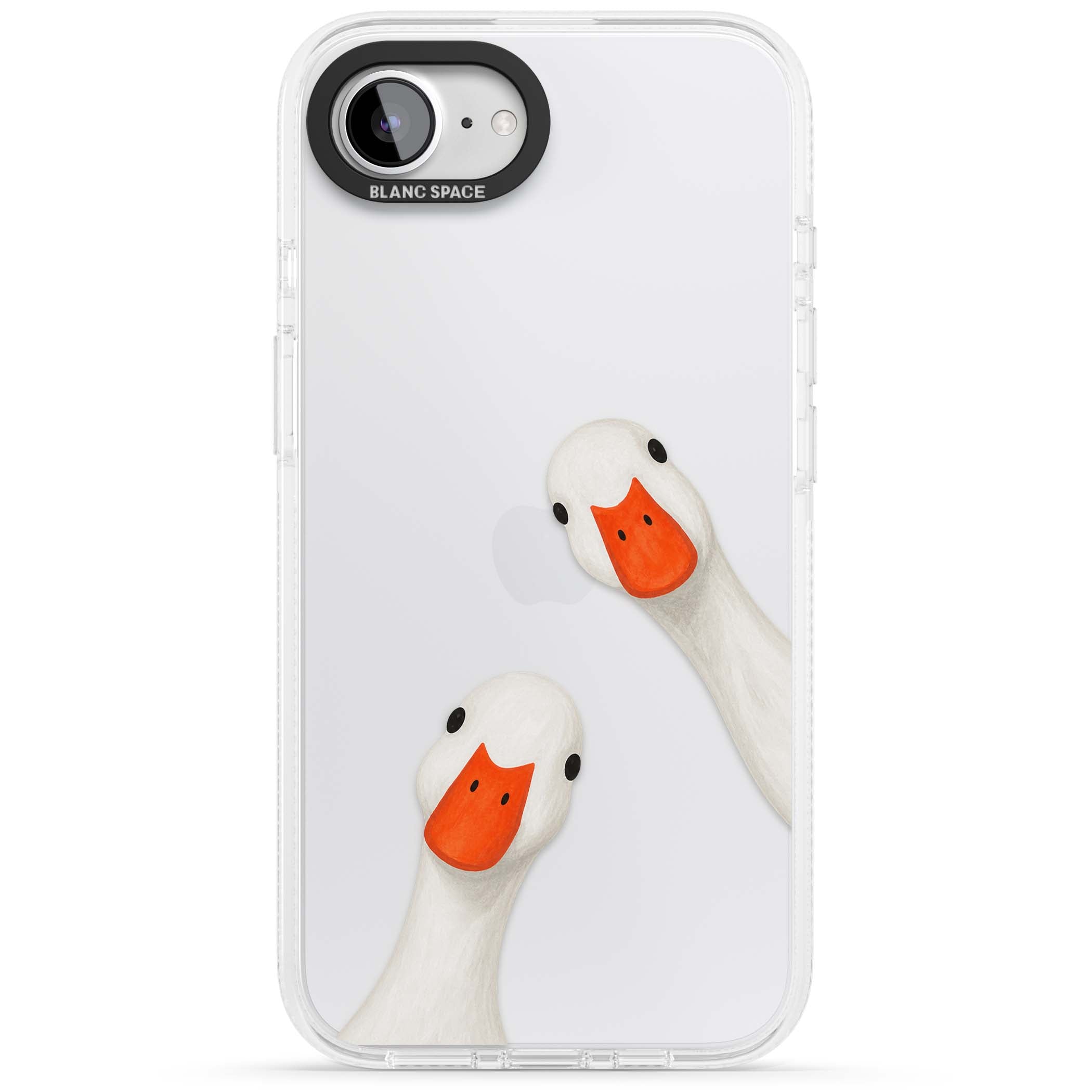 Nosy Ducks cottagecore iPhone case featuring two peeking white ducks with orange beaks on a clear background | Clear Case Impact Air case for iPhone 16e, iPhone 17e