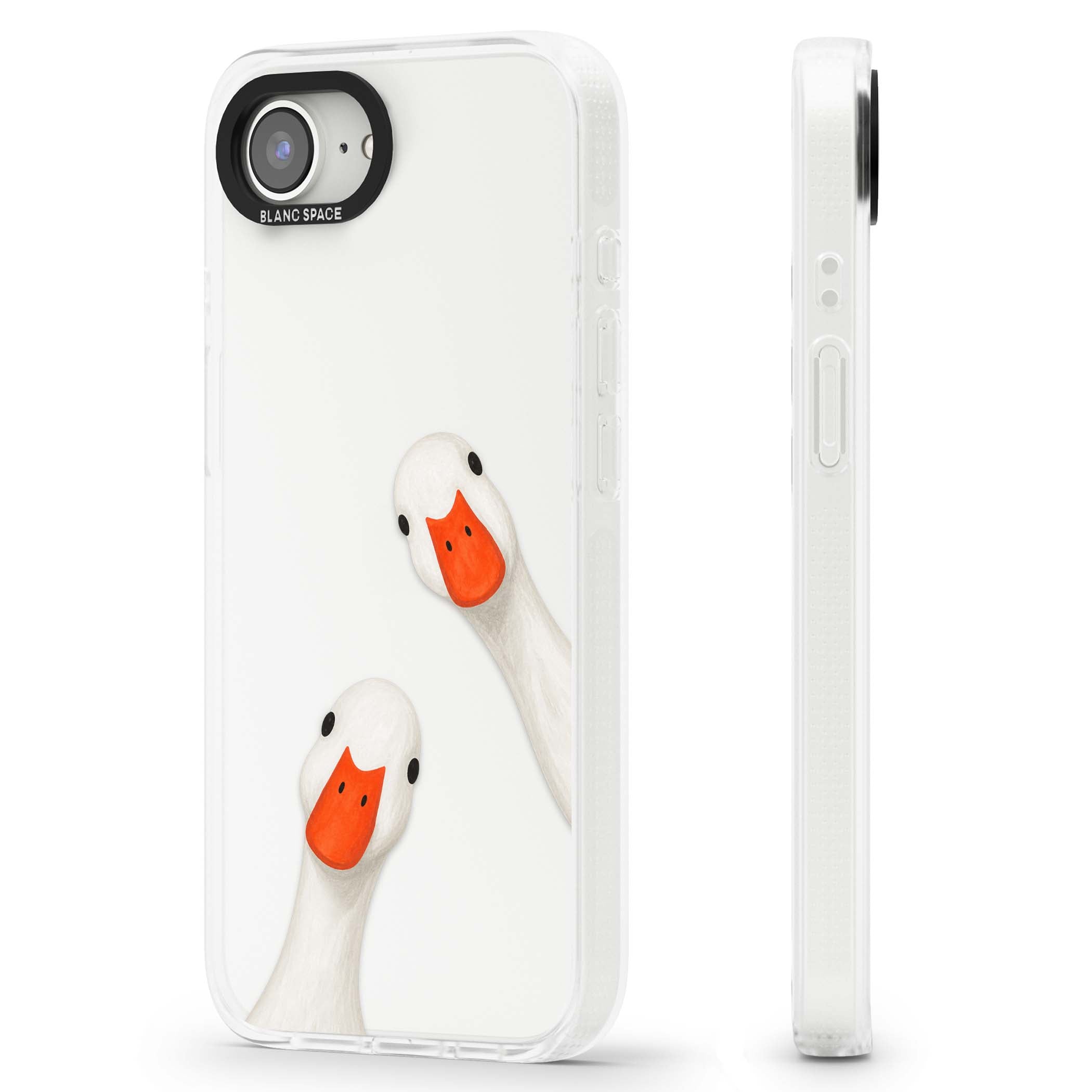 Nosy Ducks cottagecore iPhone case featuring two peeking white ducks with orange beaks on a clear background | Clear Case Impact Air case for iPhone 16e, iPhone 17e