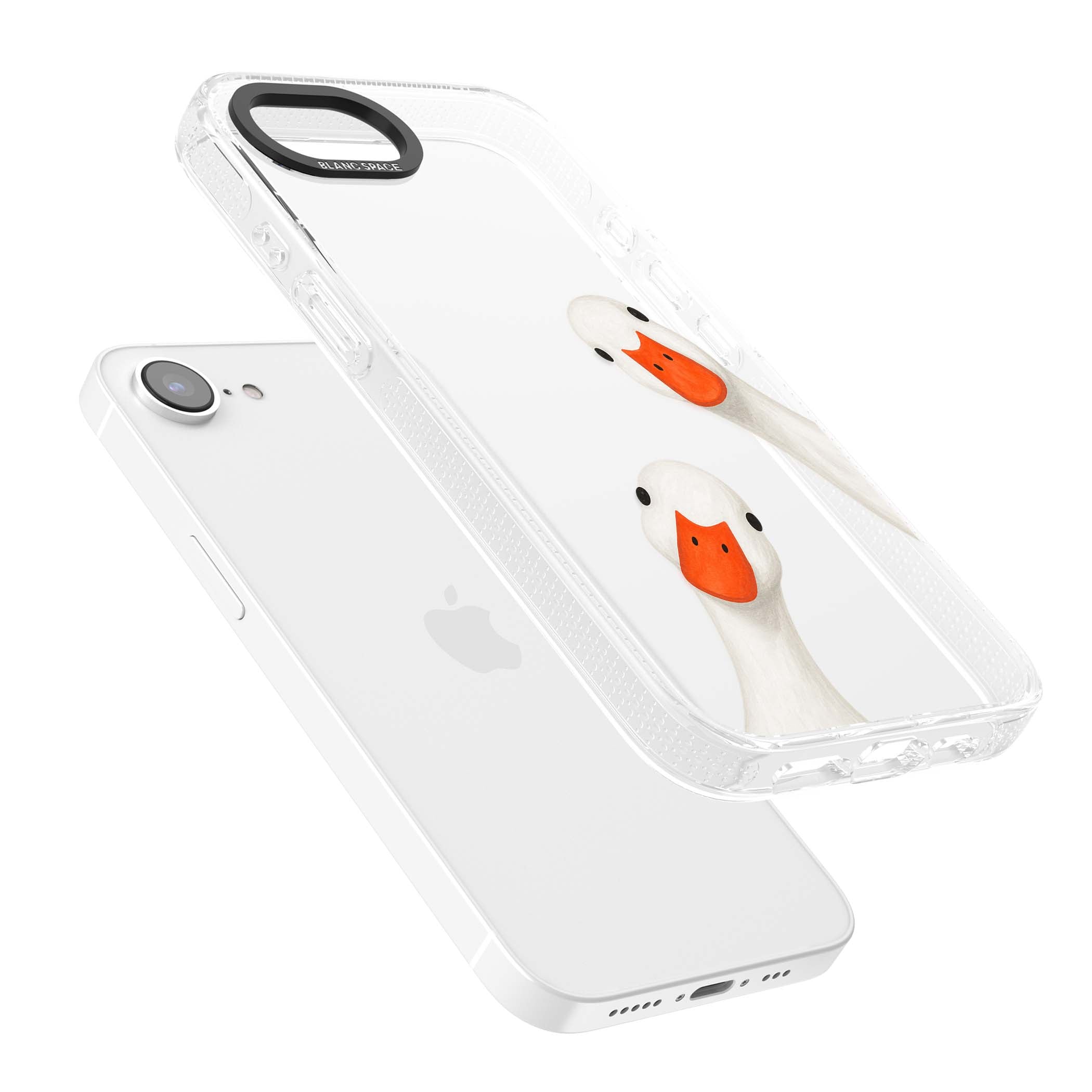 Nosy Ducks cottagecore iPhone case featuring two peeking white ducks with orange beaks on a clear background | Clear Case Impact Air case for iPhone 16e, iPhone 17e
