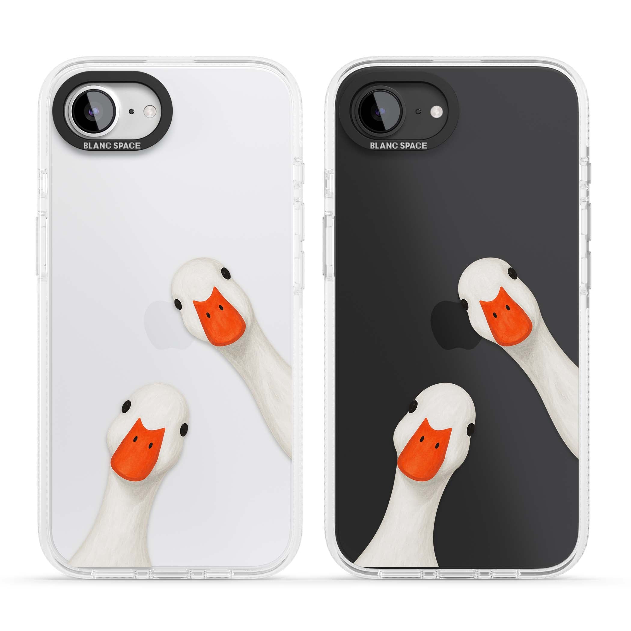 Nosy Ducks cottagecore iPhone case featuring two peeking white ducks with orange beaks on a clear background | Clear Case Impact Air case for iPhone 16e, iPhone 17e