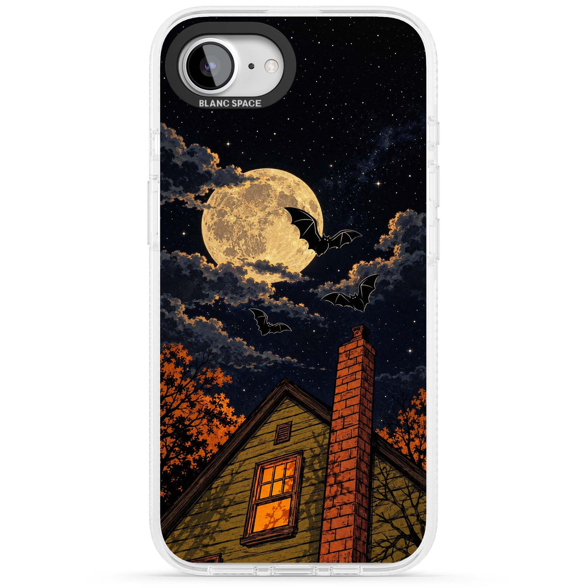 Hollows Eve Halloween iPhone case featuring a haunted house, full moon and flying bats against a starry autumn sky | Clear Case Impact Air case for iPhone 16e, iPhone 17e