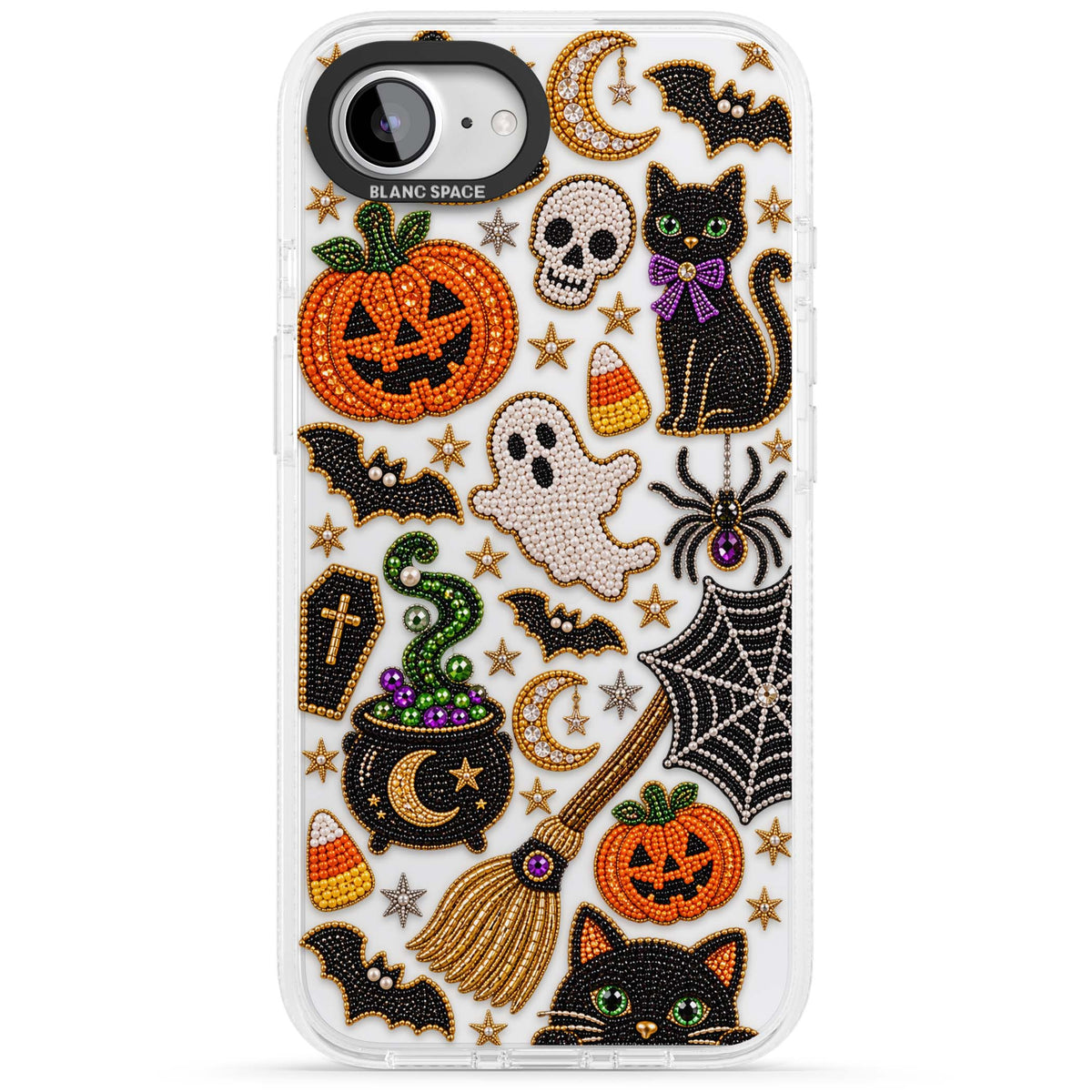 Beaded Halloween Halloween iPhone case featuring beaded pumpkins, ghosts, black cats and bats | Clear Case Impact Air case for iPhone 16e, iPhone 17e