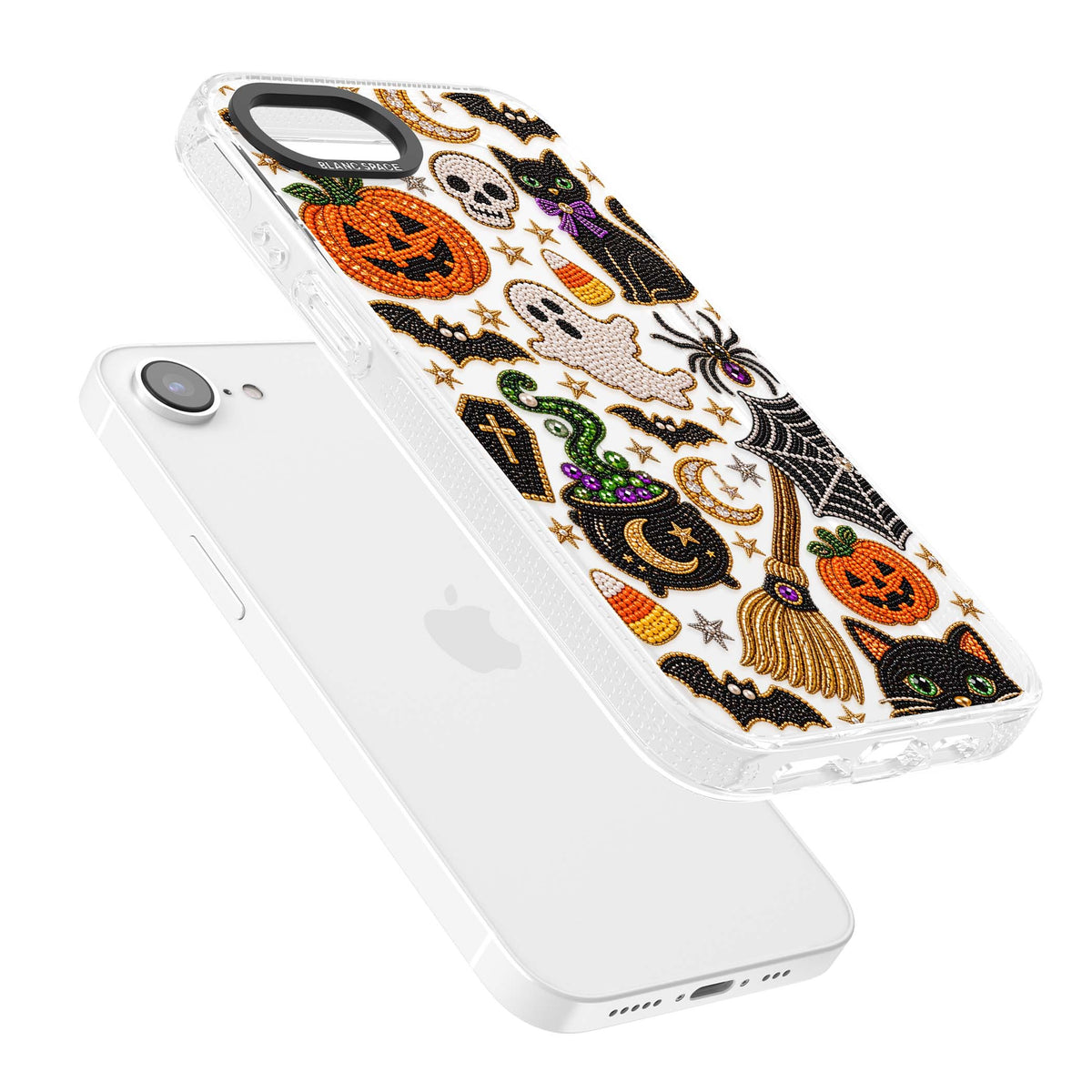 Beaded Halloween Halloween iPhone case featuring beaded pumpkins, ghosts, black cats and bats | Clear Case Impact Air case for iPhone 16e, iPhone 17e