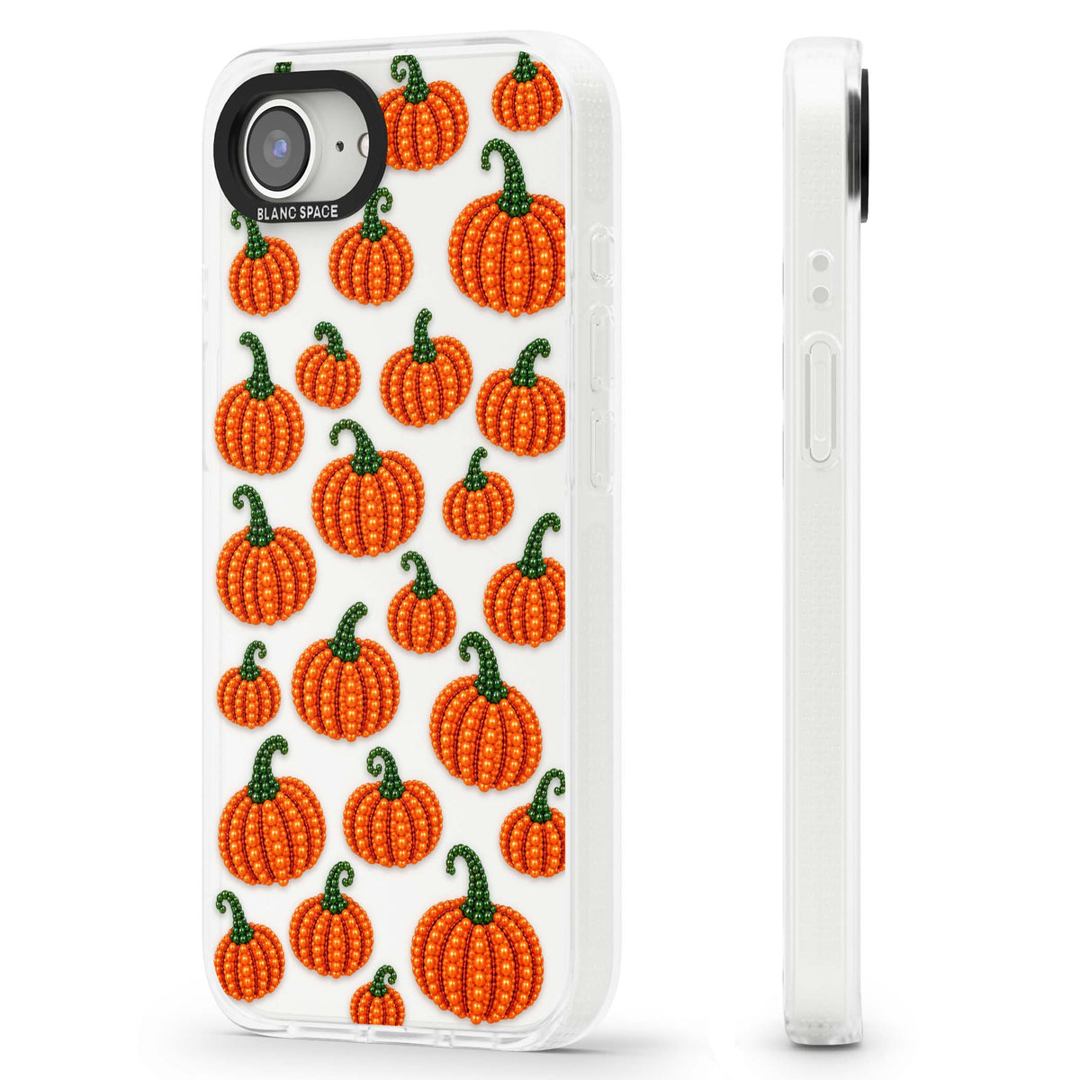 Beaded Pumpkins halloween iPhone case featuring beaded orange pumpkins with green stems on a clear background | Clear Case Impact Air case for iPhone 16e, iPhone 17e