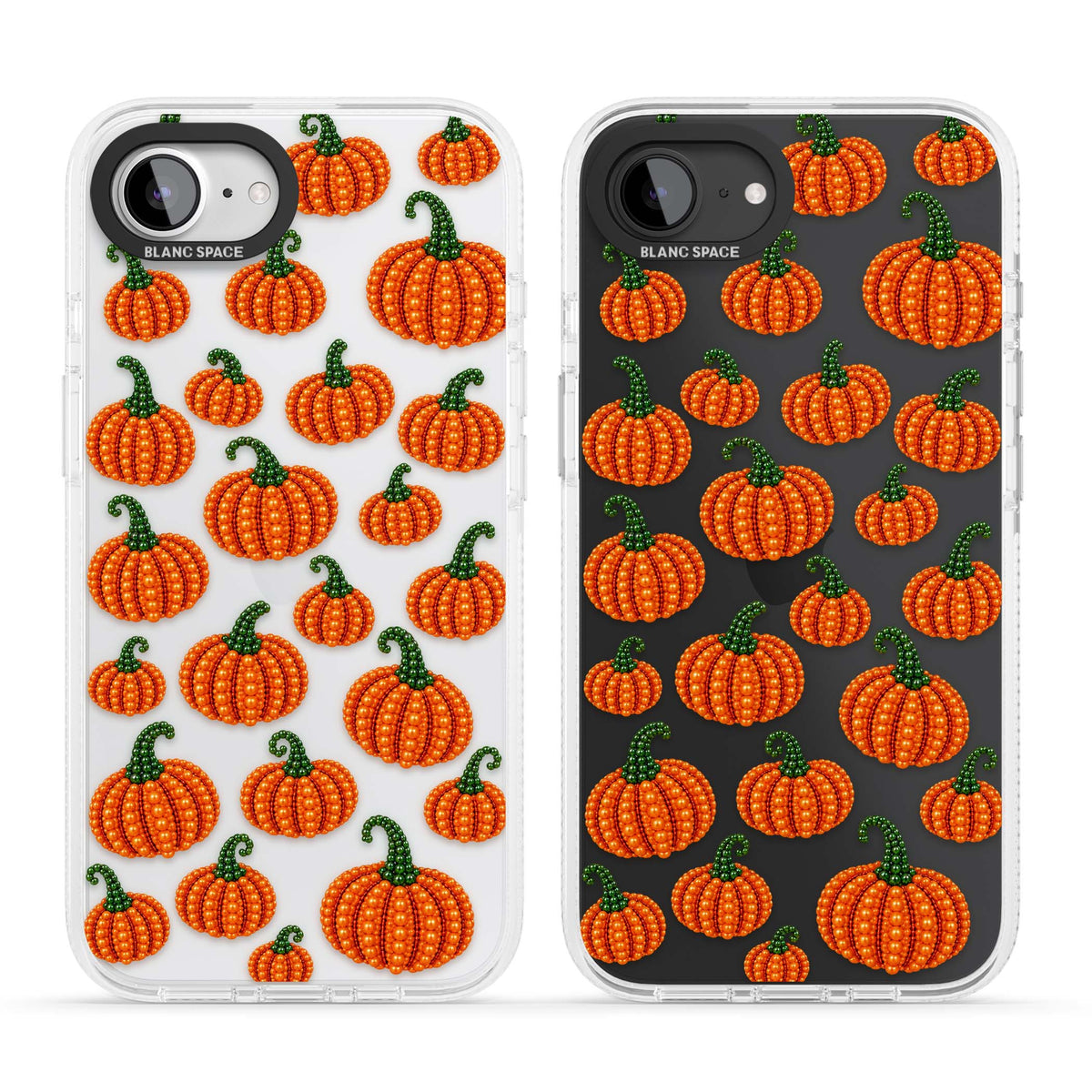 Beaded Pumpkins halloween iPhone case featuring beaded orange pumpkins with green stems on a clear background | Clear Case Impact Air case for iPhone 16e, iPhone 17e