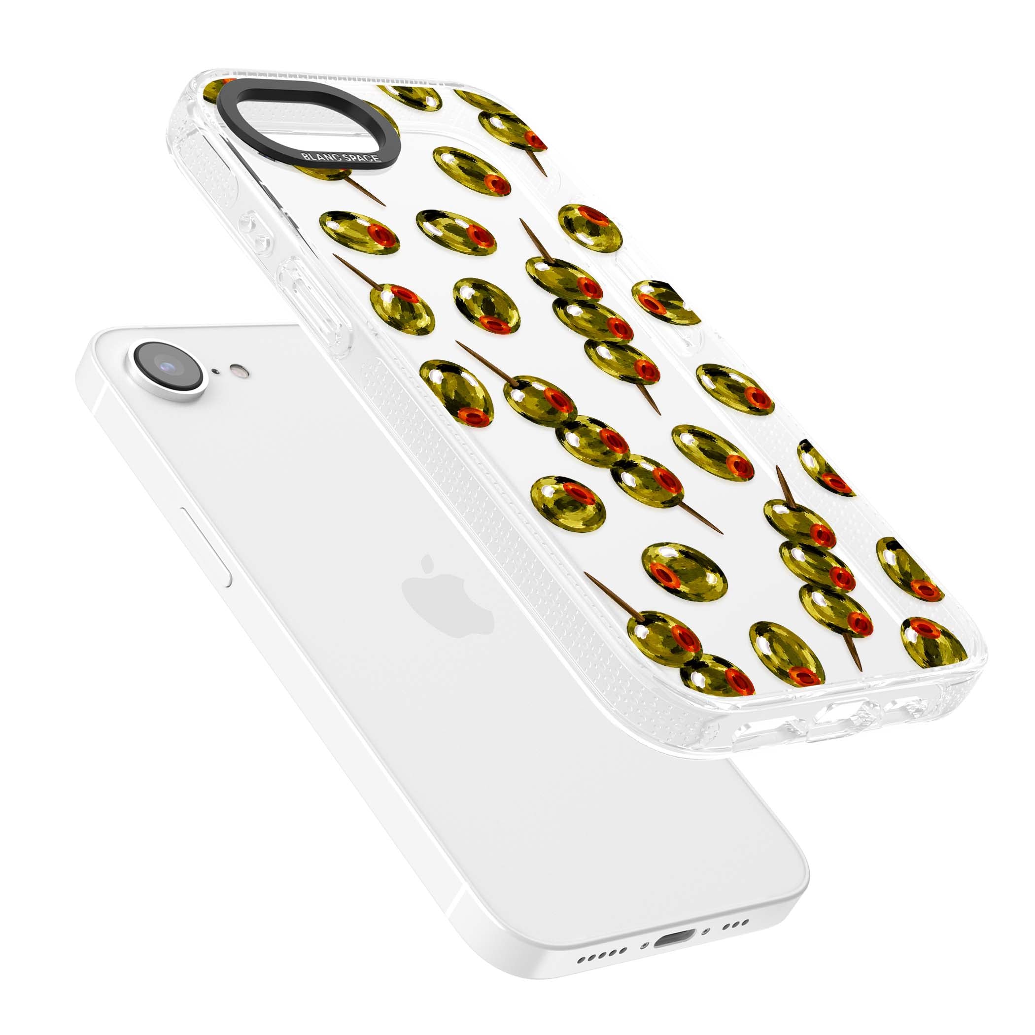 Painted Olives cocktail iPhone case featuring green olives, pimento centres and toothpick skewers on a clear background | Clear Case Impact Air case for iPhone 16e, iPhone 17e