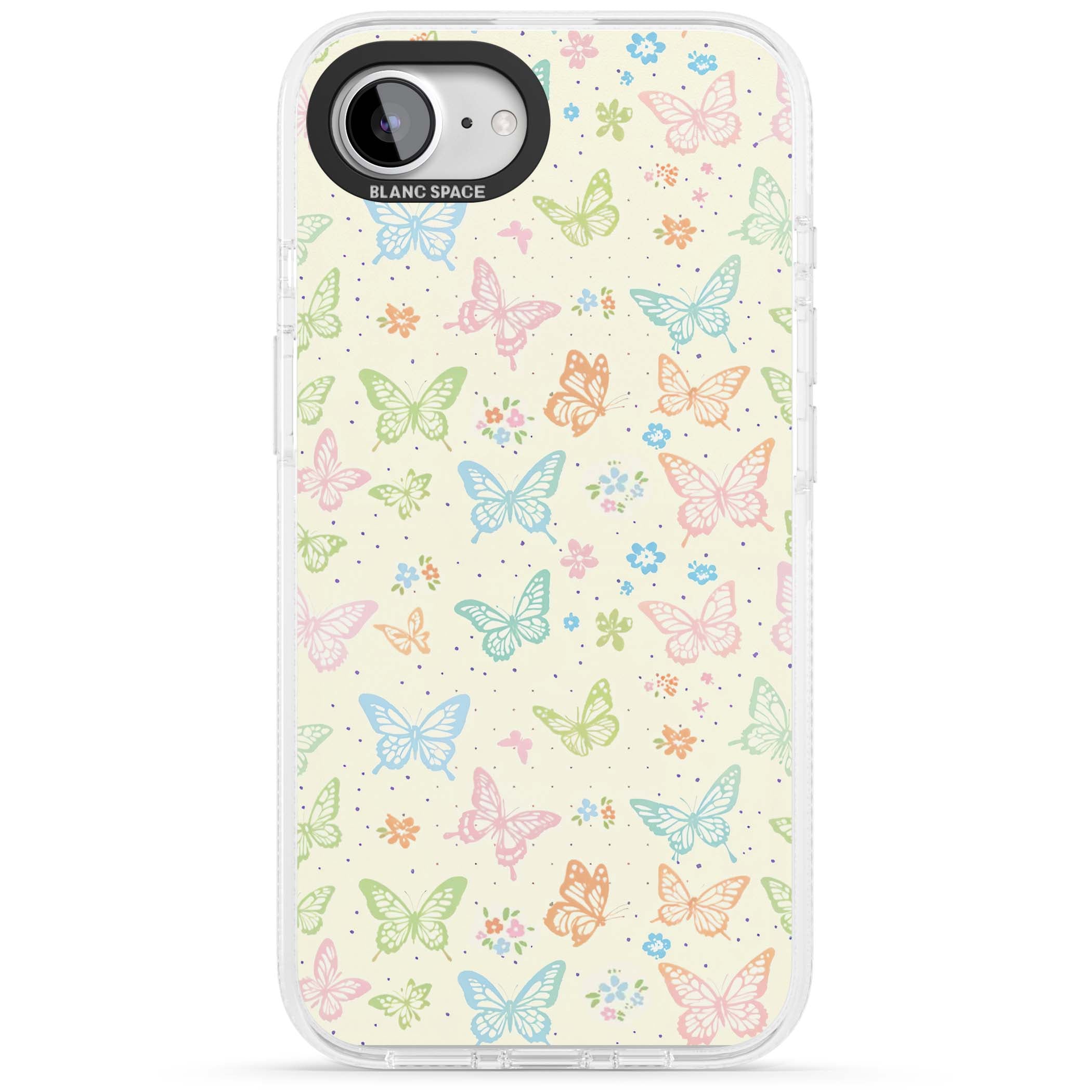 Sugar Wings cottagecore iPhone case featuring rainbow pastel butterflies, tiny wildflowers, and a cream background | Clear Case Impact Air case for iPhone 16e, iPhone 17e