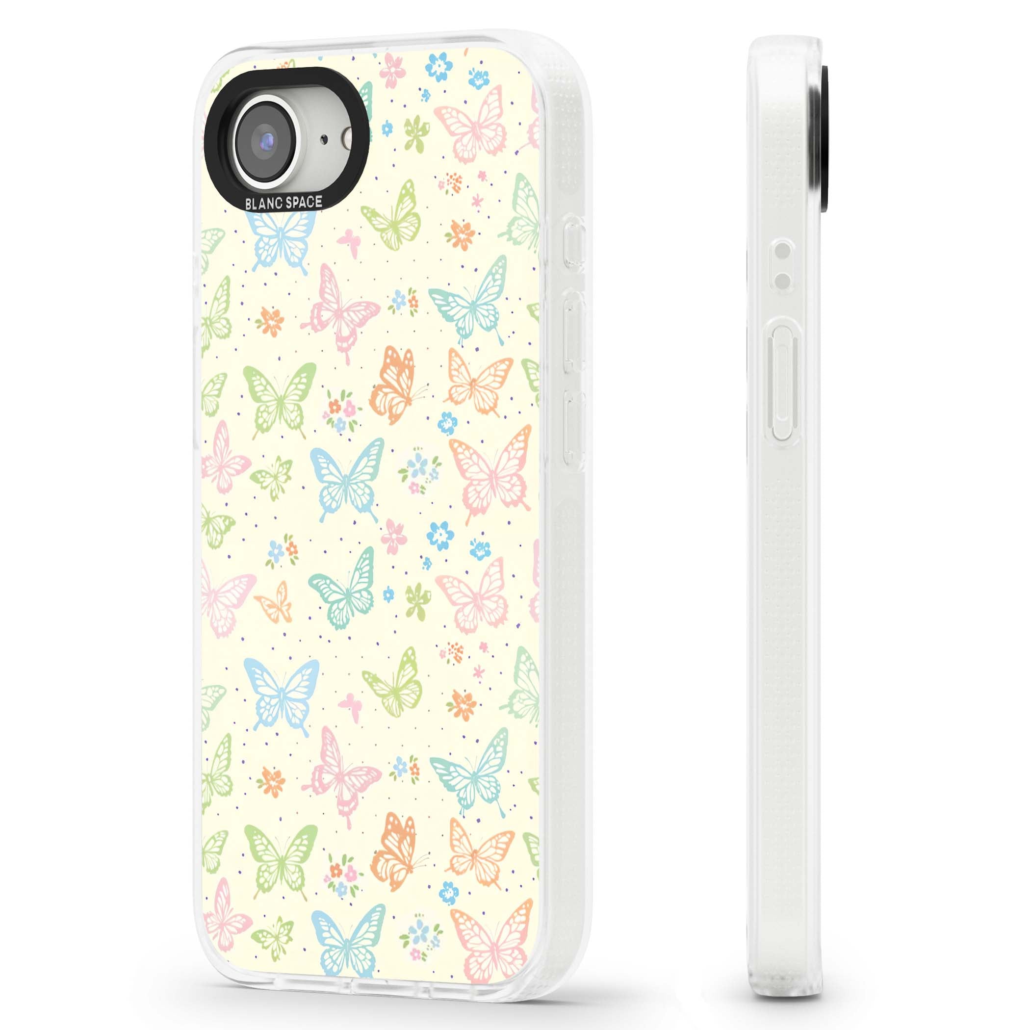 Sugar Wings cottagecore iPhone case featuring rainbow pastel butterflies, tiny wildflowers, and a cream background | Clear Case Impact Air case for iPhone 16e, iPhone 17e