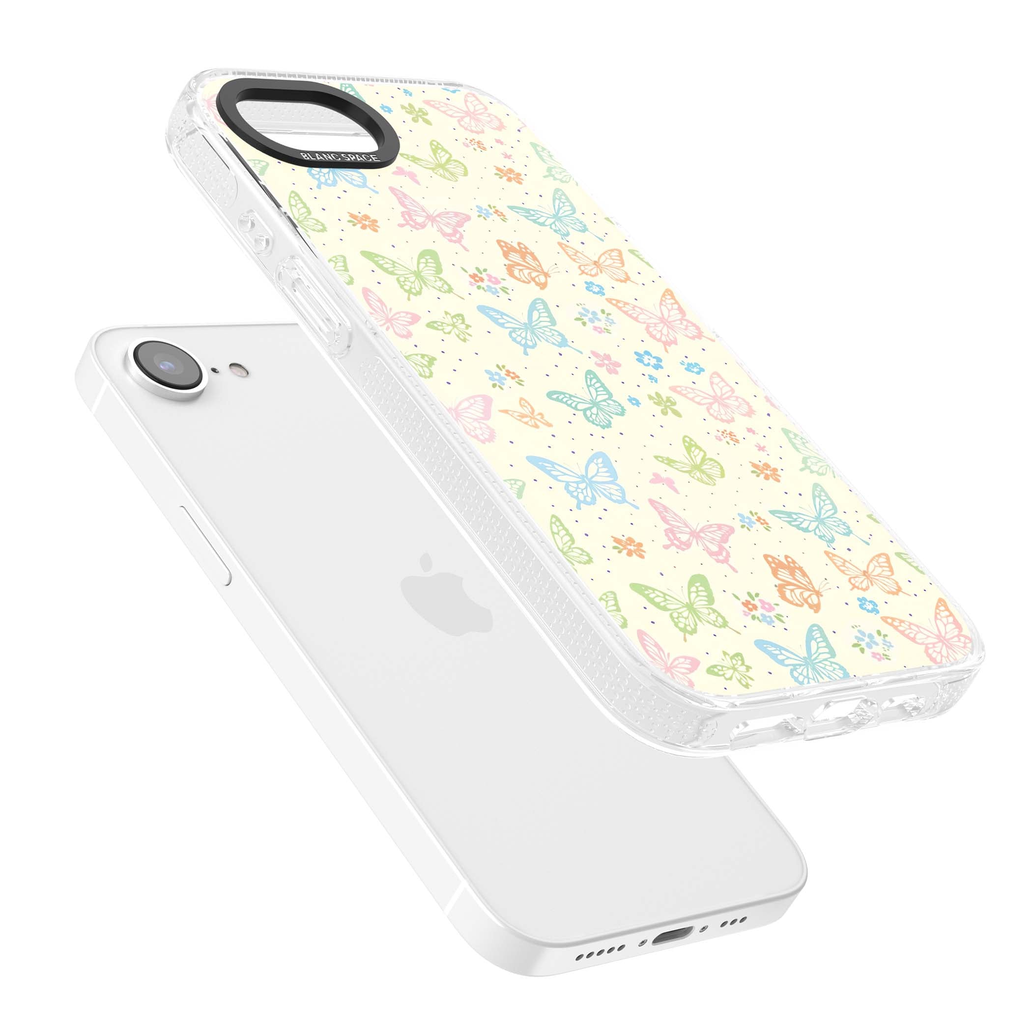 Sugar Wings cottagecore iPhone case featuring rainbow pastel butterflies, tiny wildflowers, and a cream background | Clear Case Impact Air case for iPhone 16e, iPhone 17e