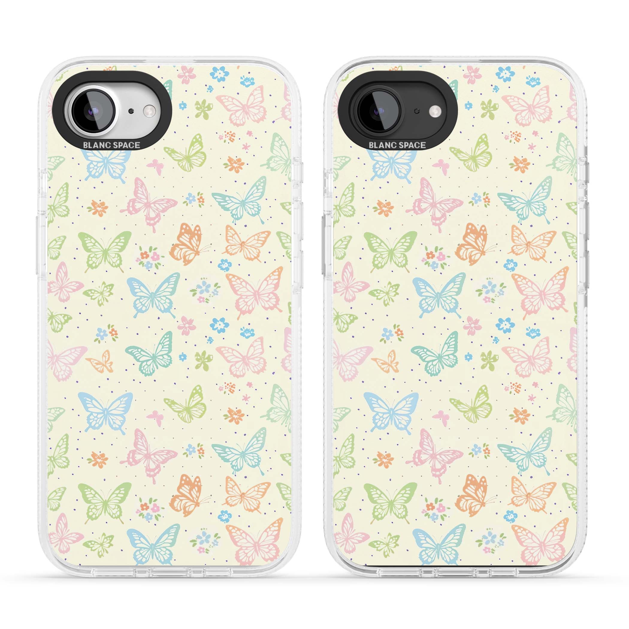 Sugar Wings cottagecore iPhone case featuring rainbow pastel butterflies, tiny wildflowers, and a cream background | Clear Case Impact Air case for iPhone 16e, iPhone 17e