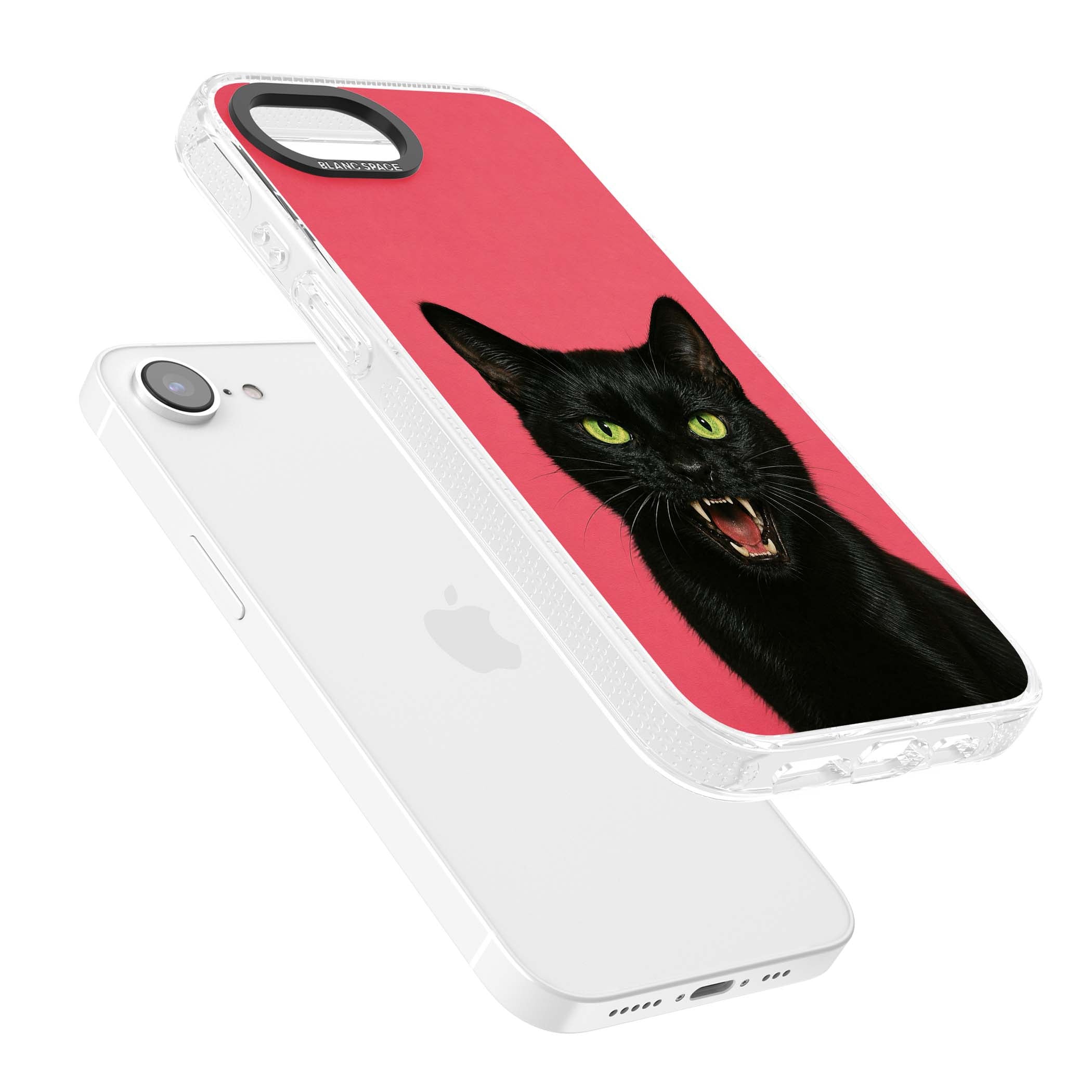 Hissin' Baddie black cat iPhone case featuring a hissing feline with green eyes on a hot pink background | Clear Case Impact Air case for iPhone 16e, iPhone 17e