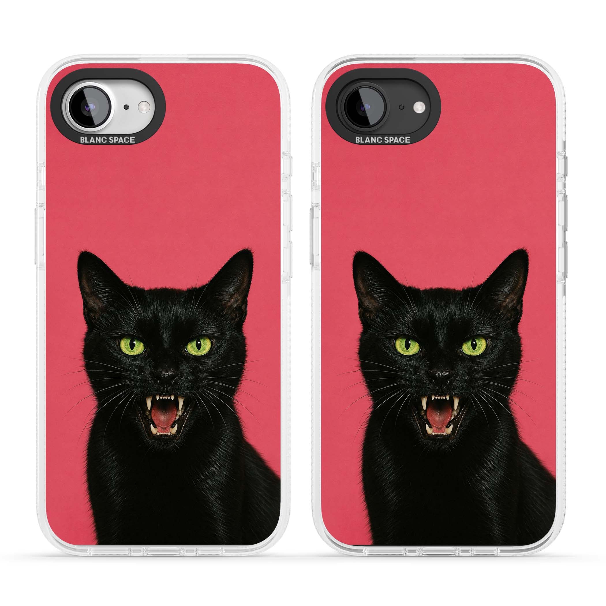 Hissin' Baddie black cat iPhone case featuring a hissing feline with green eyes on a hot pink background | Clear Case Impact Air case for iPhone 16e, iPhone 17e