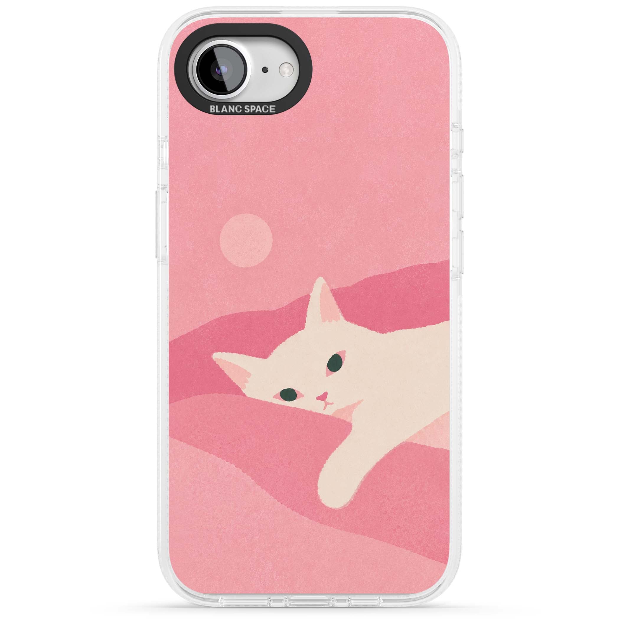 Pink Dreams cute cat iPhone case featuring a white kitten, soft pink hills and a pale pastel sun | Clear Case Impact Air case for iPhone 16e, iPhone 17e