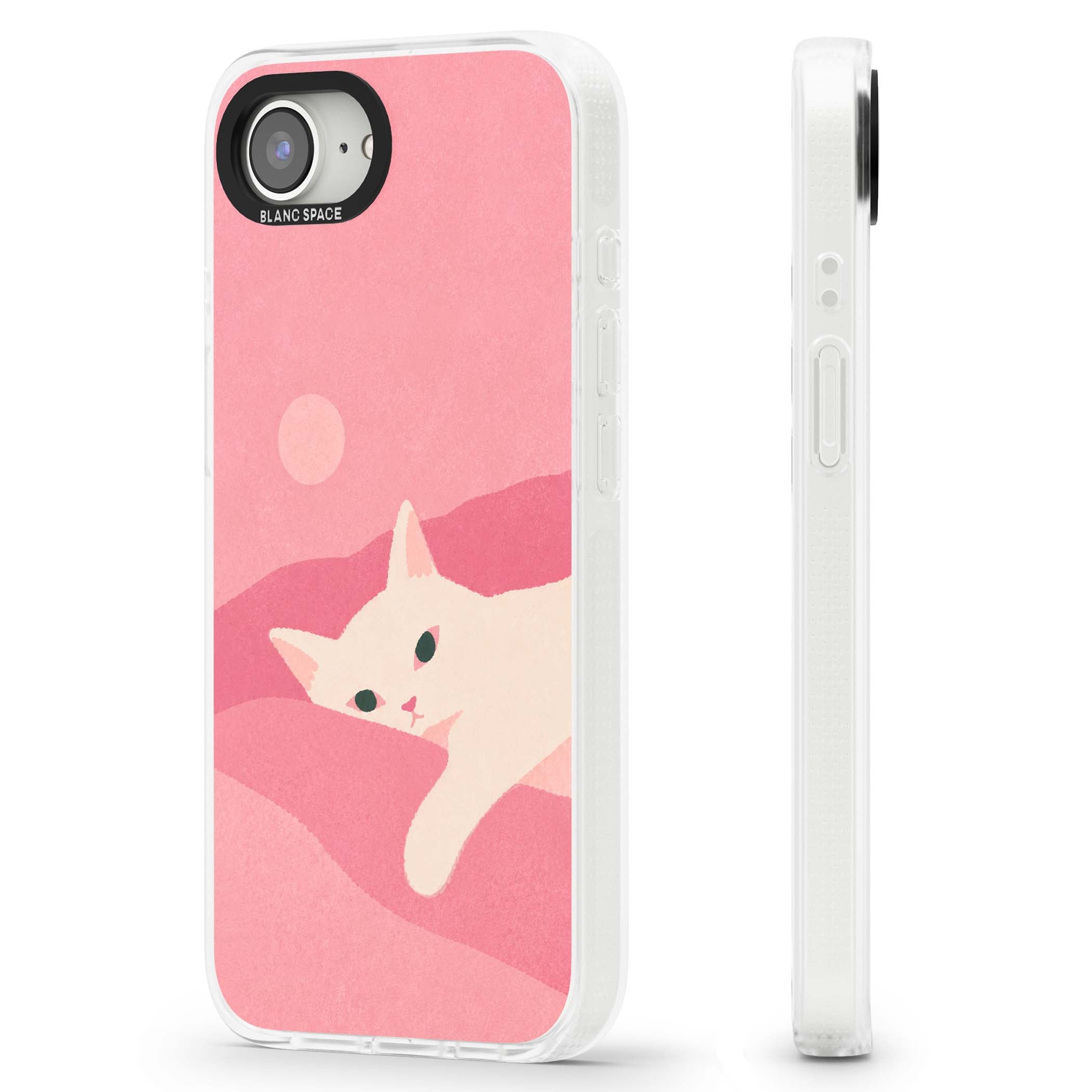 Pink Dreams cute cat iPhone case featuring a white kitten, soft pink hills and a pale pastel sun | Clear Case Impact Air case for iPhone 16e, iPhone 17e