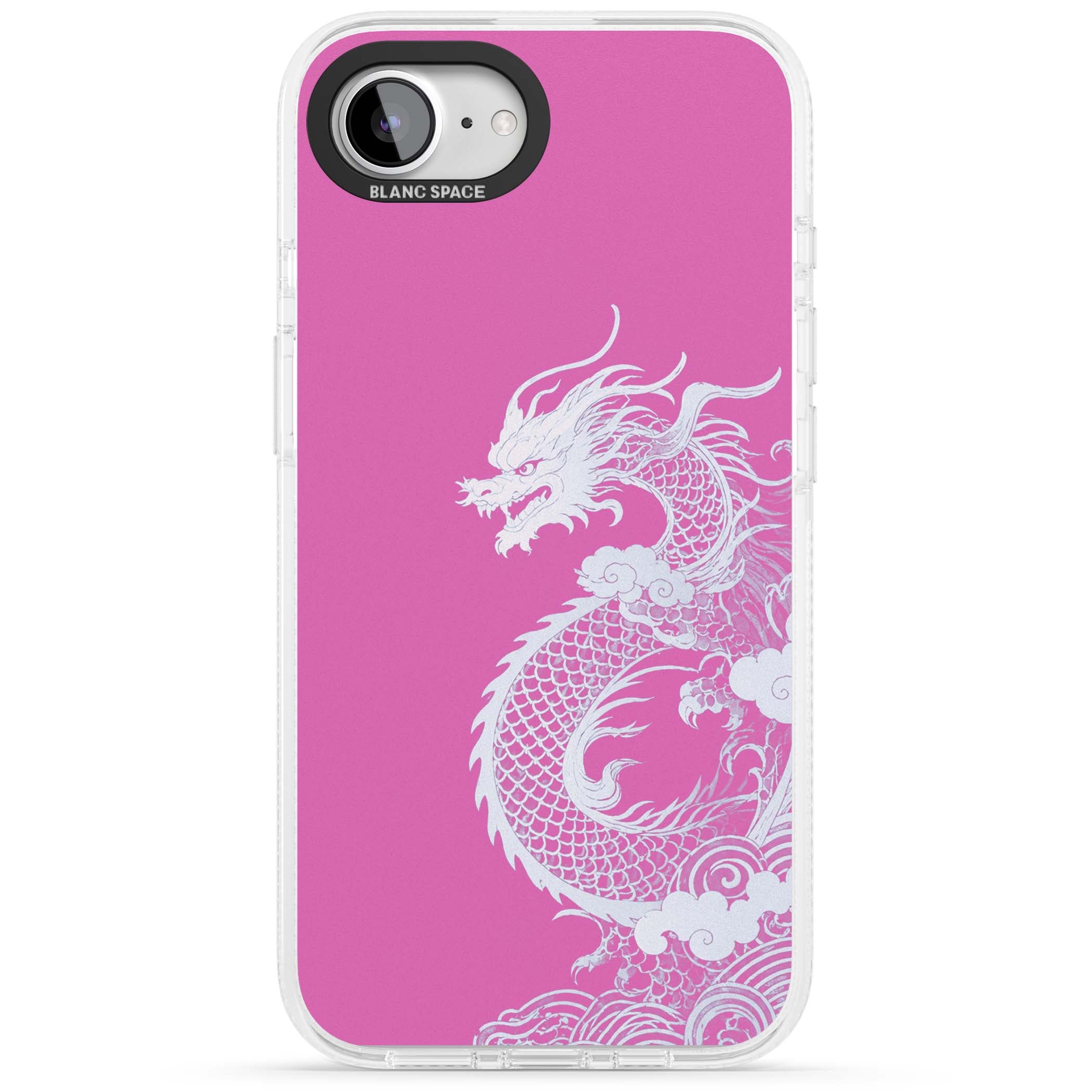 Pink Empress chinese dragon iPhone case featuring a white dragon, swirling clouds and pink dragon wallpaper backdrop | Clear Case Impact Air case for iPhone 16e, iPhone 17e