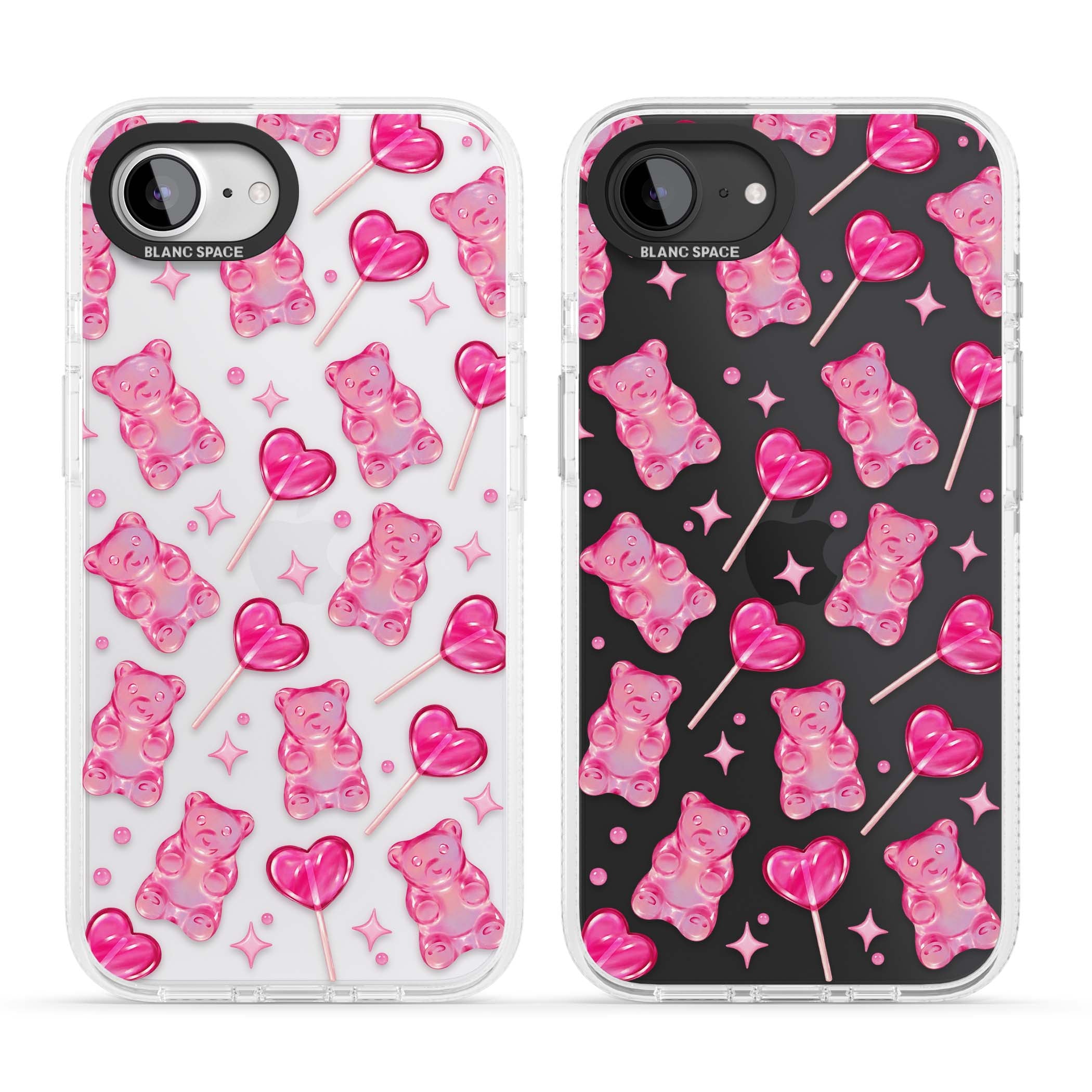 Pink Sugar pinkcore iPhone case featuring pink gummy bears, heart-shaped lollipops and sparkle stars | Clear Case Impact Air case for iPhone 16e, iPhone 17e