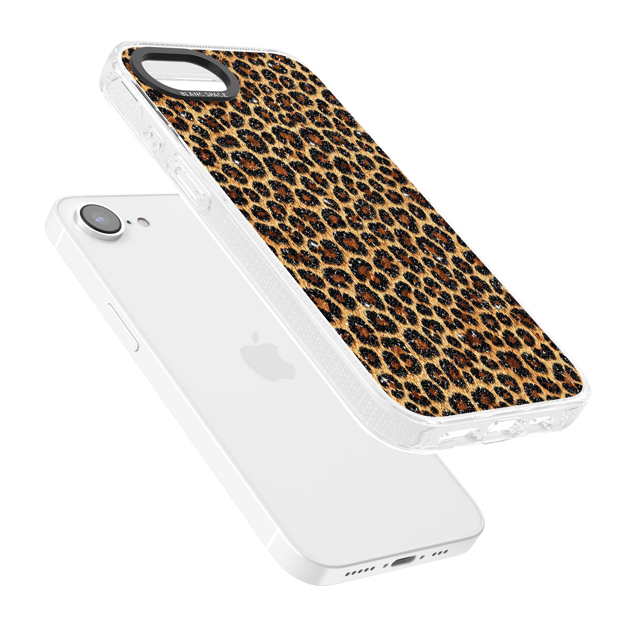 Diamond Leopard leopard print iPhone case featuring golden tan fur, black rosette spots and subtle glitter sparkle | Clear Case Impact Air case for iPhone 16e, iPhone 17e