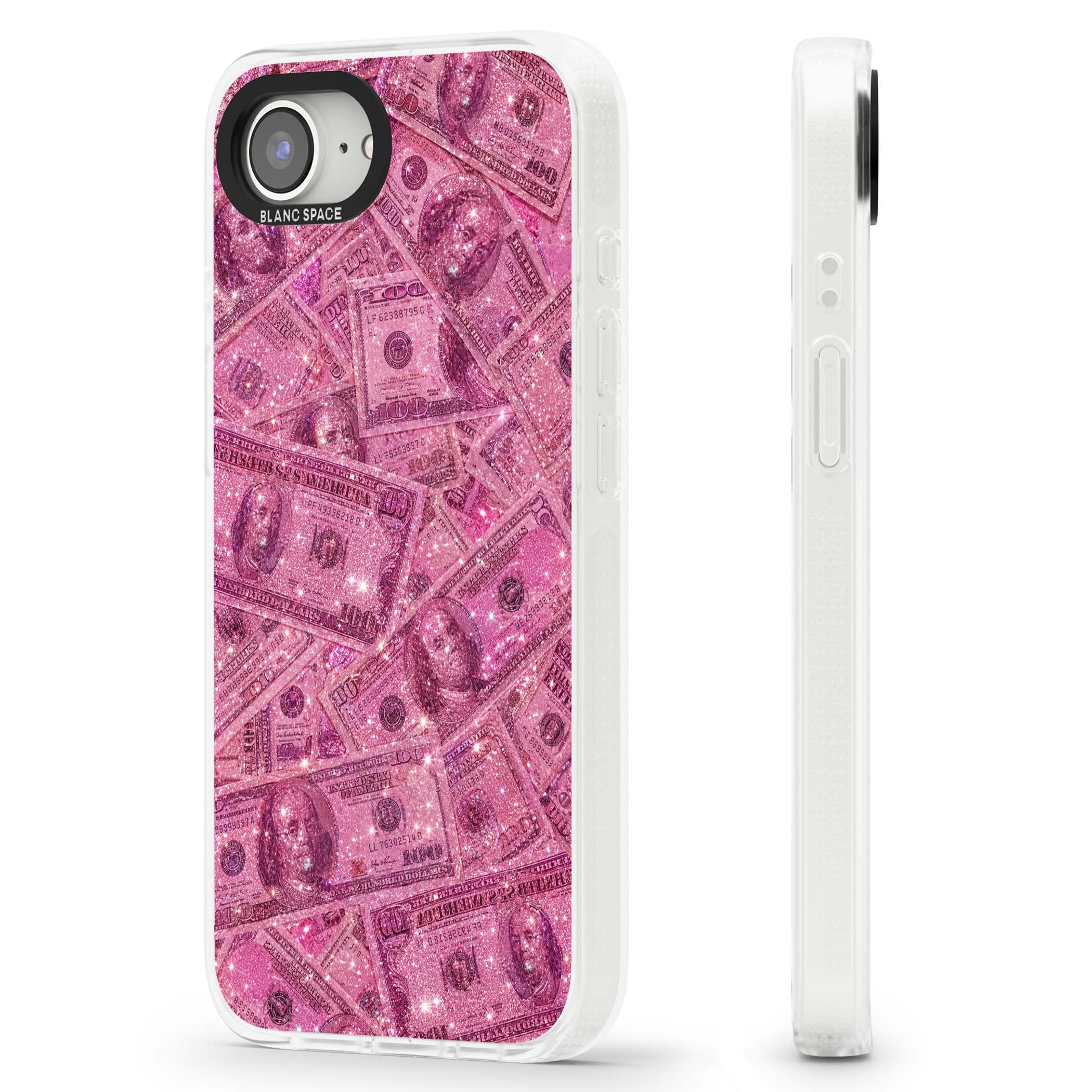 Glamorous baddie iPhone case featuring pink glitter hundred dollar bills and sparkling money wallpaper design | Clear Case Impact Air case for iPhone 16e, iPhone 17e