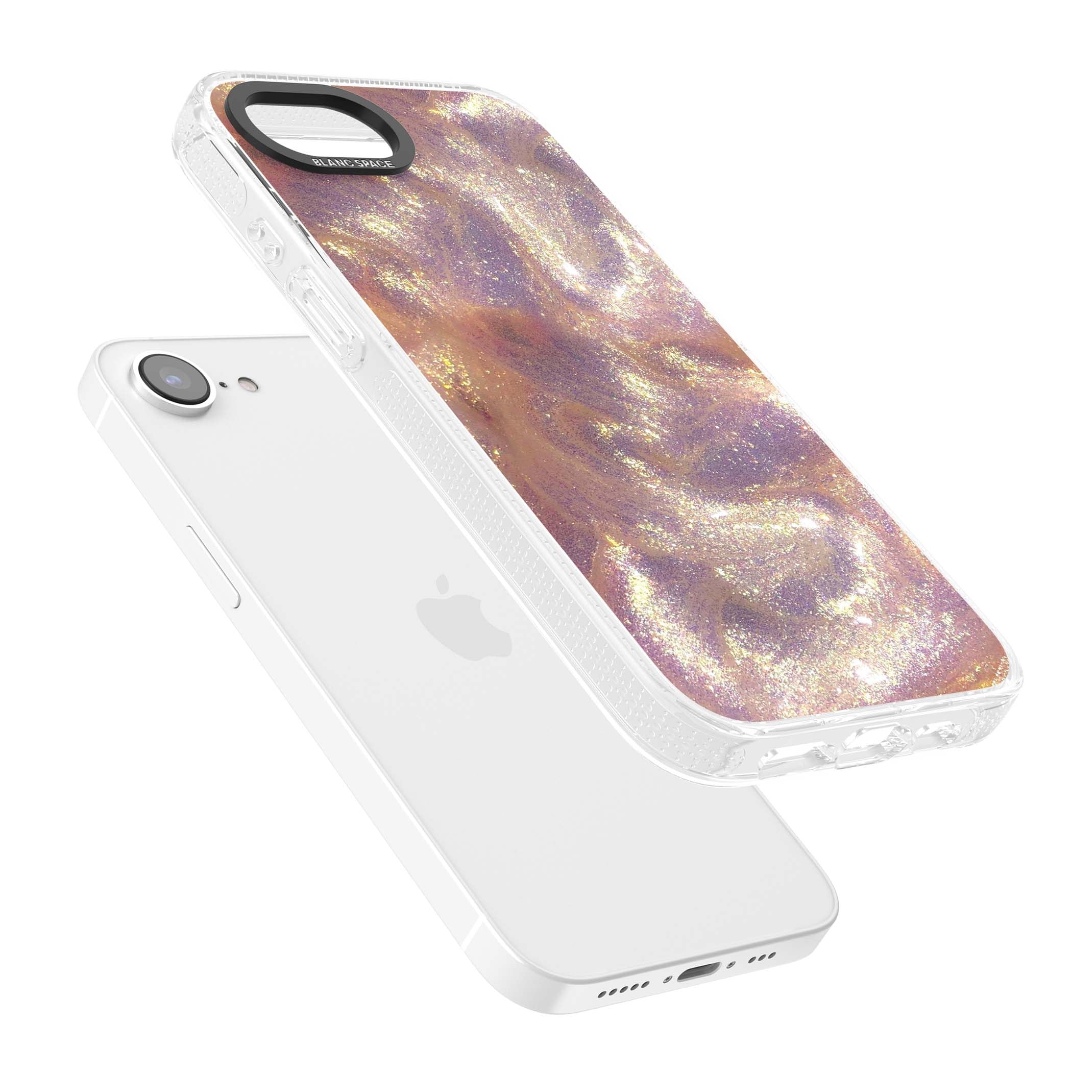 Shimmer marble iPhone case featuring rose gold glitter swirls, lilac shimmer and iridescent pearl finish | Clear Case Impact Air case for iPhone 16e, iPhone 17e