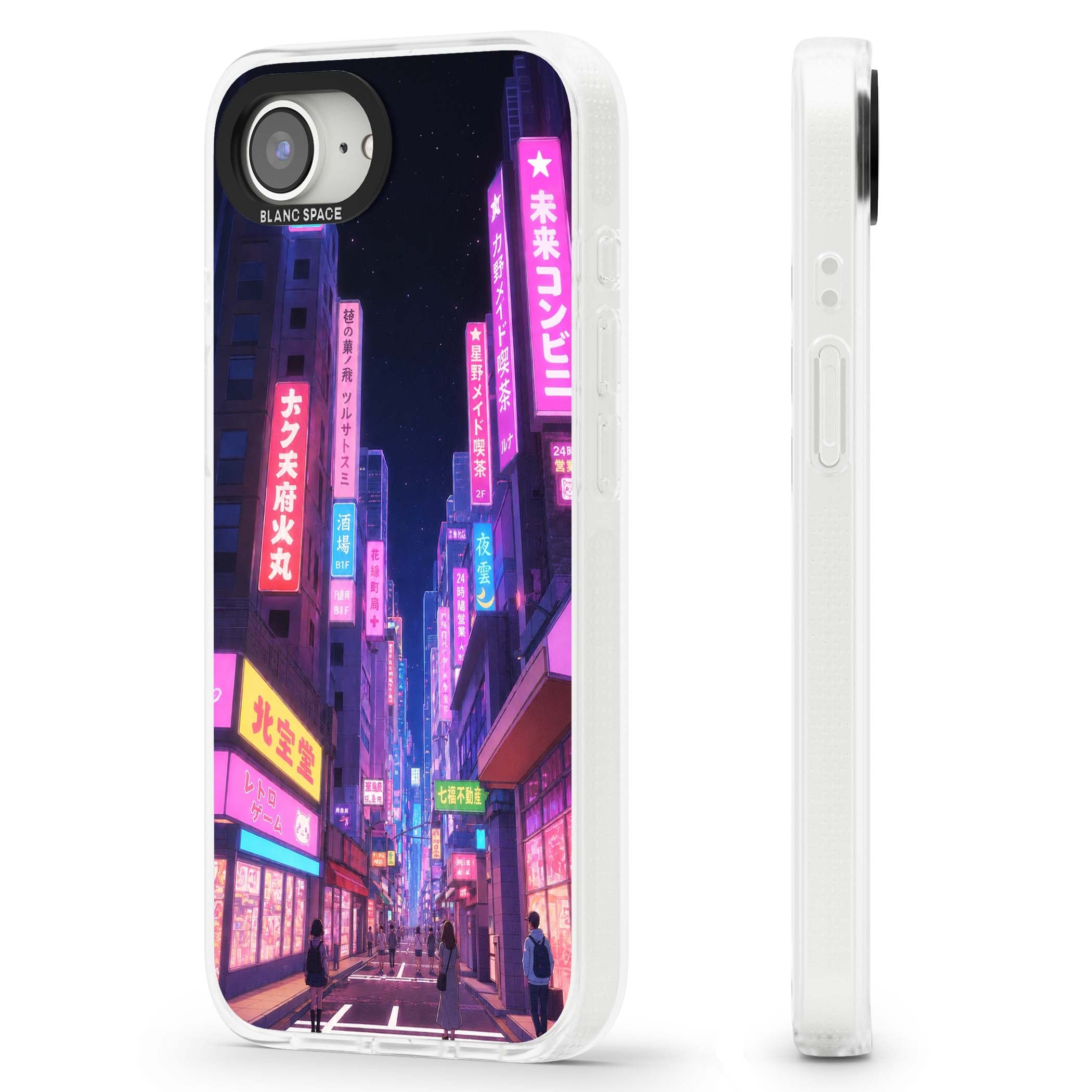 Shibuya At Night Japanese neon city iPhone case featuring glowing kanji signs, pink storefronts and a Tokyo street at n | Clear Case Impact Air case for iPhone 16e, iPhone 17e