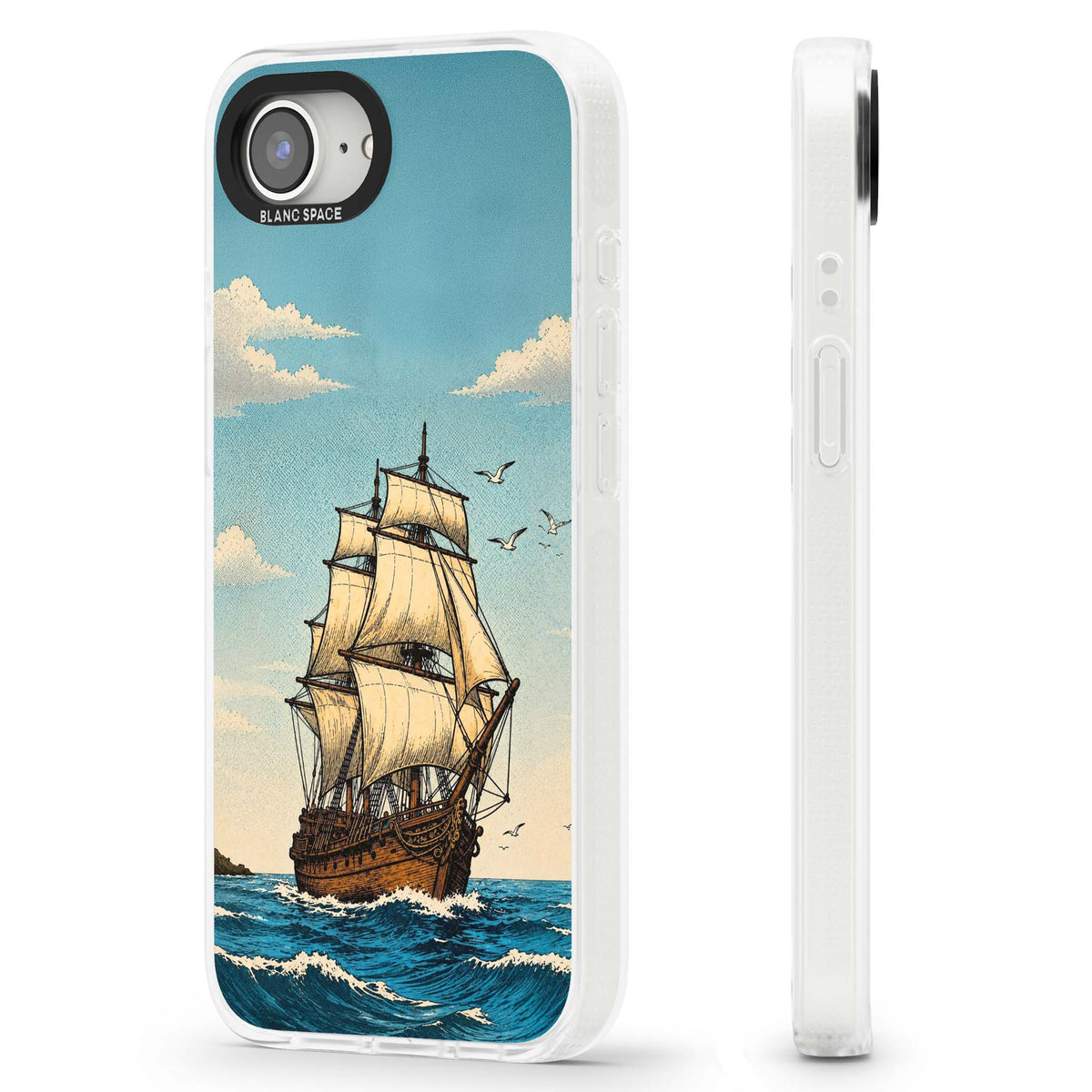 Ship at Sea nautical iPhone case featuring a vintage tall ship, ocean waves and seagulls | Clear Case Impact Air case for iPhone 16e, iPhone 17e