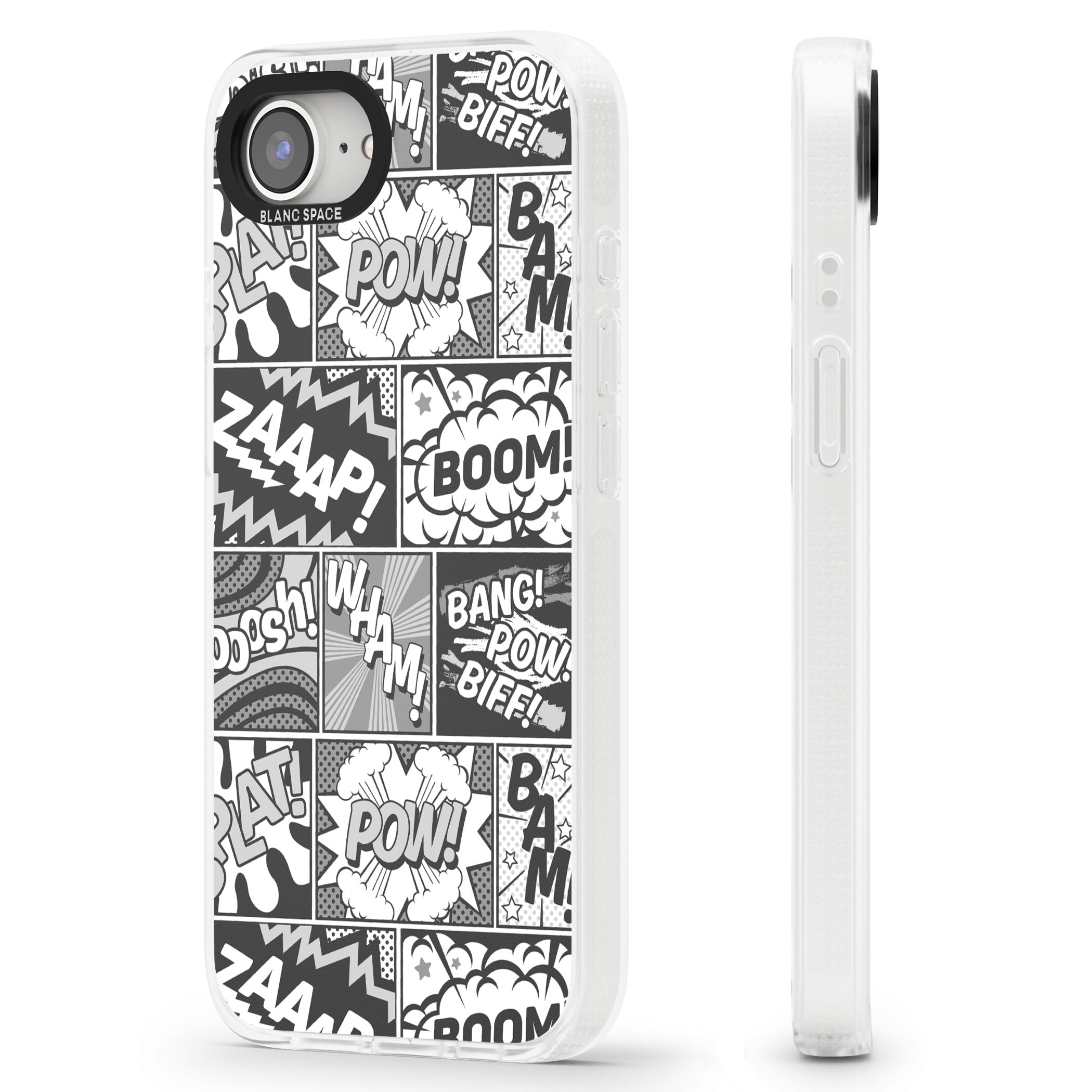 Onomatopoeia (Black & White) iPhone 16e Clear Case Impact Air - Blanc Space
