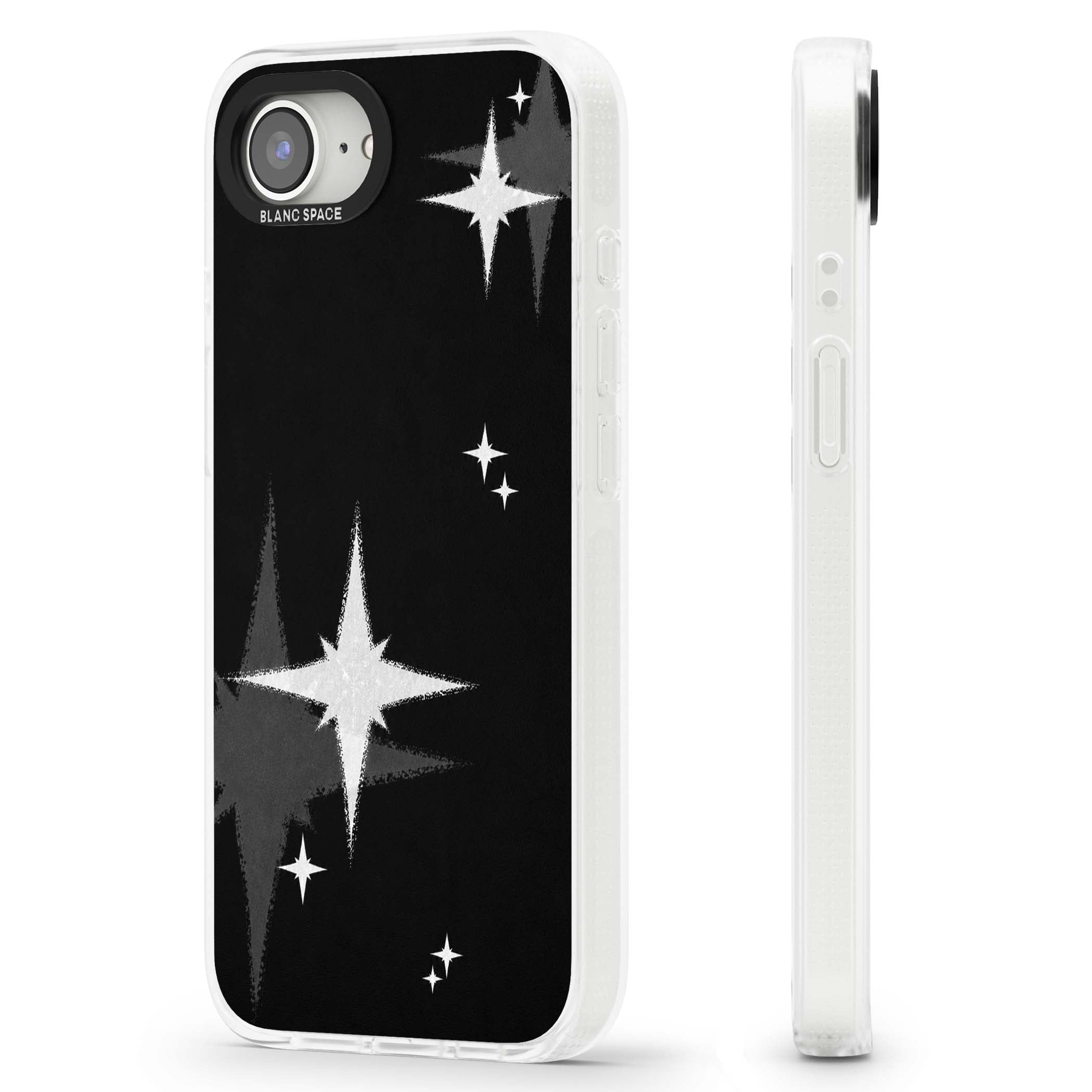Black Sparkle celestial iPhone case featuring white sparkle stars on a black night sky background | Clear Case Impact Air case for iPhone 16e, iPhone 17e