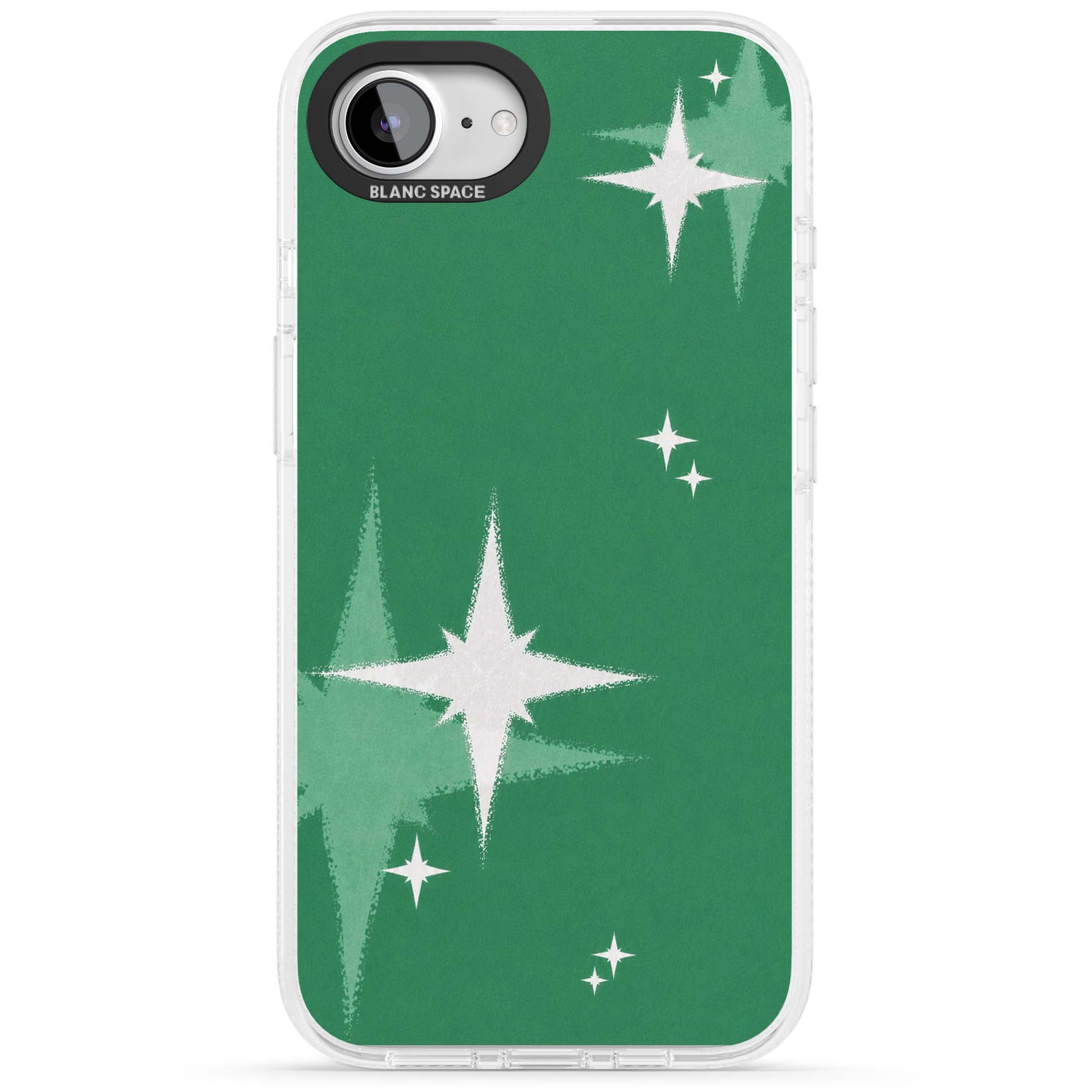 Green Sparkle celestial iPhone case featuring sparkling white four-point stars on a deep green background | Clear Case Impact Air case for iPhone 16e, iPhone 17e