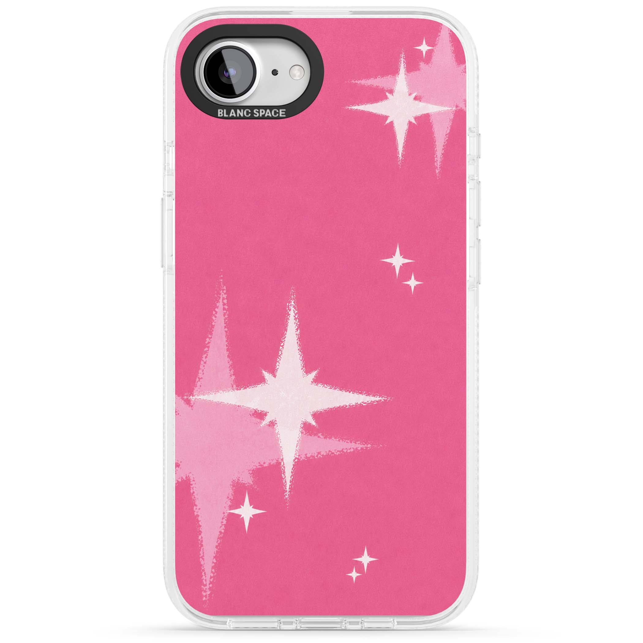 Pink Sparkle Y2K iPhone case featuring hot pink background with shimmering white starburst pattern | Clear Case Impact Air case for iPhone 16e, iPhone 17e