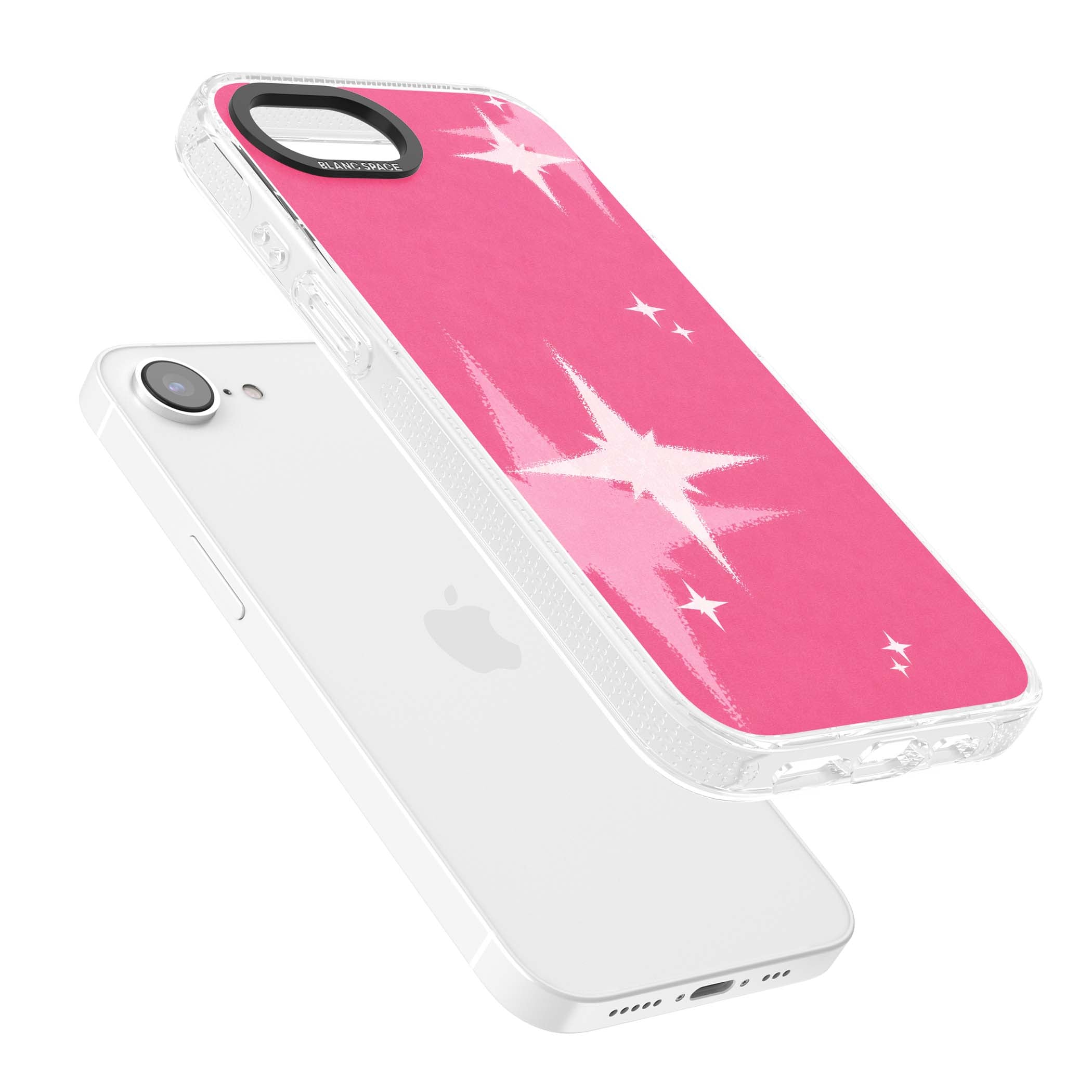 Pink Sparkle Y2K iPhone case featuring hot pink background with shimmering white starburst pattern | Clear Case Impact Air case for iPhone 16e, iPhone 17e