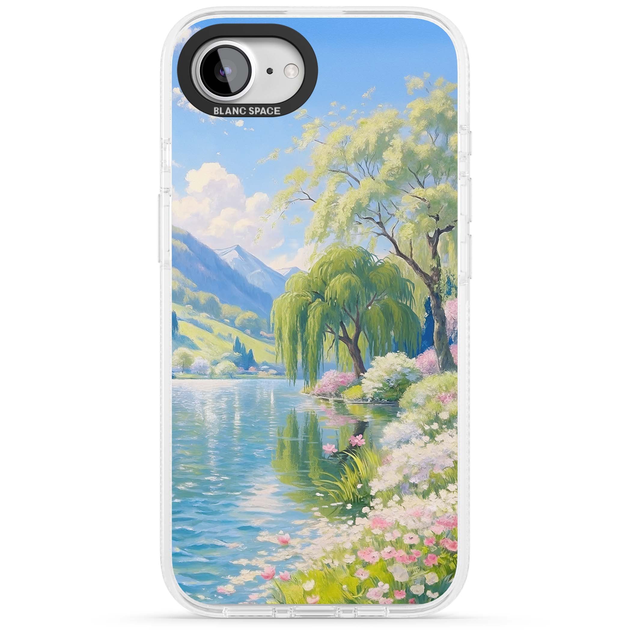 Willow Lake cottagecore iPhone case featuring a painted lakeside with weeping willow, blossoms and distant mountains | Clear Case Impact Air case for iPhone 16e, iPhone 17e