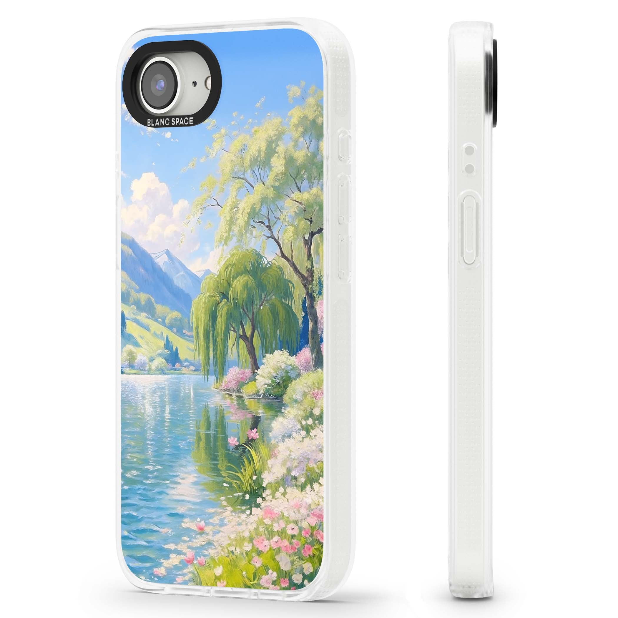 Willow Lake cottagecore iPhone case featuring a painted lakeside with weeping willow, blossoms and distant mountains | Clear Case Impact Air case for iPhone 16e, iPhone 17e