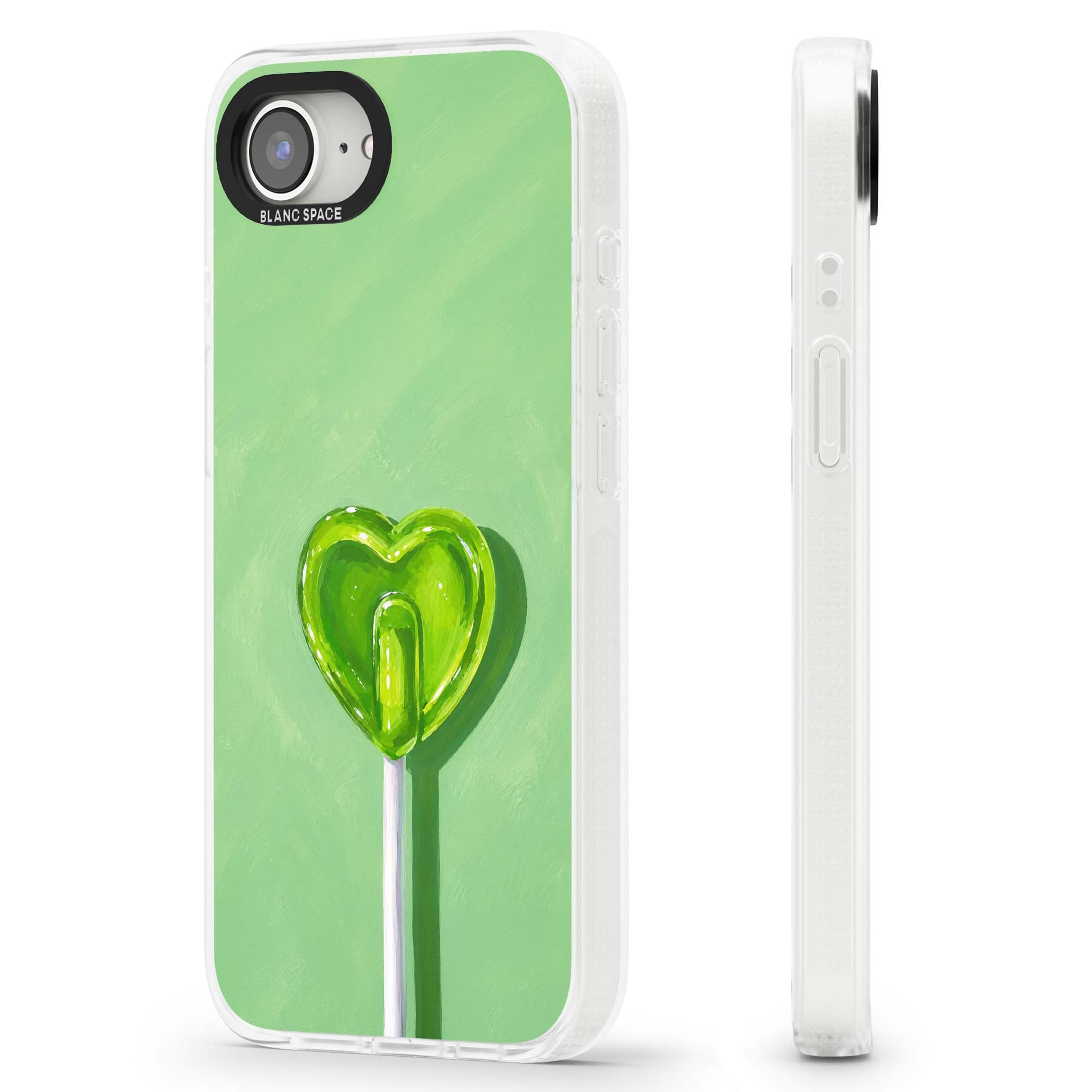 Green Lollipop candy art iPhone case featuring a glossy green heart-shaped lollipop on a painted pastel green background | Clear Case Impact Air case for iPhone 16e, iPhone 17e