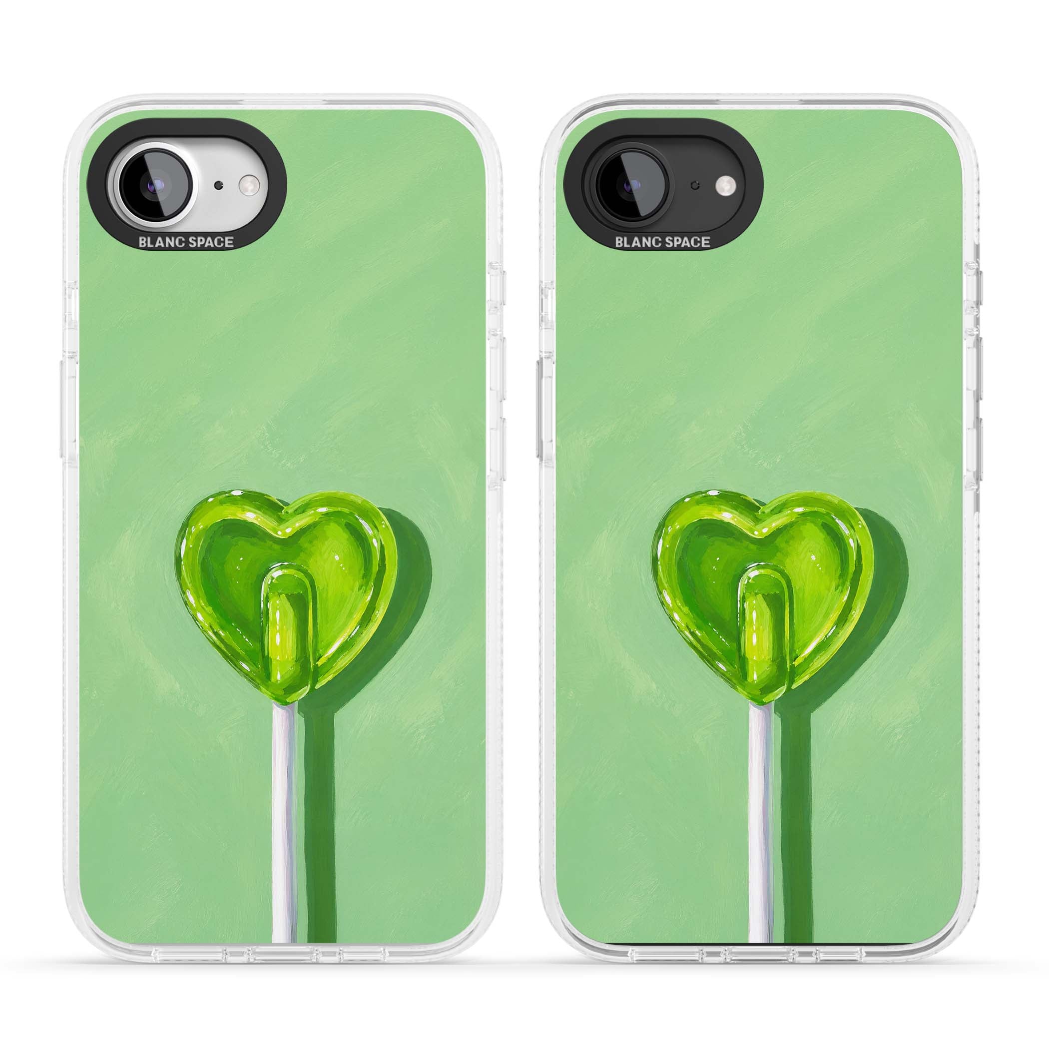 Green Lollipop candy art iPhone case featuring a glossy green heart-shaped lollipop on a painted pastel green background | Clear Case Impact Air case for iPhone 16e, iPhone 17e