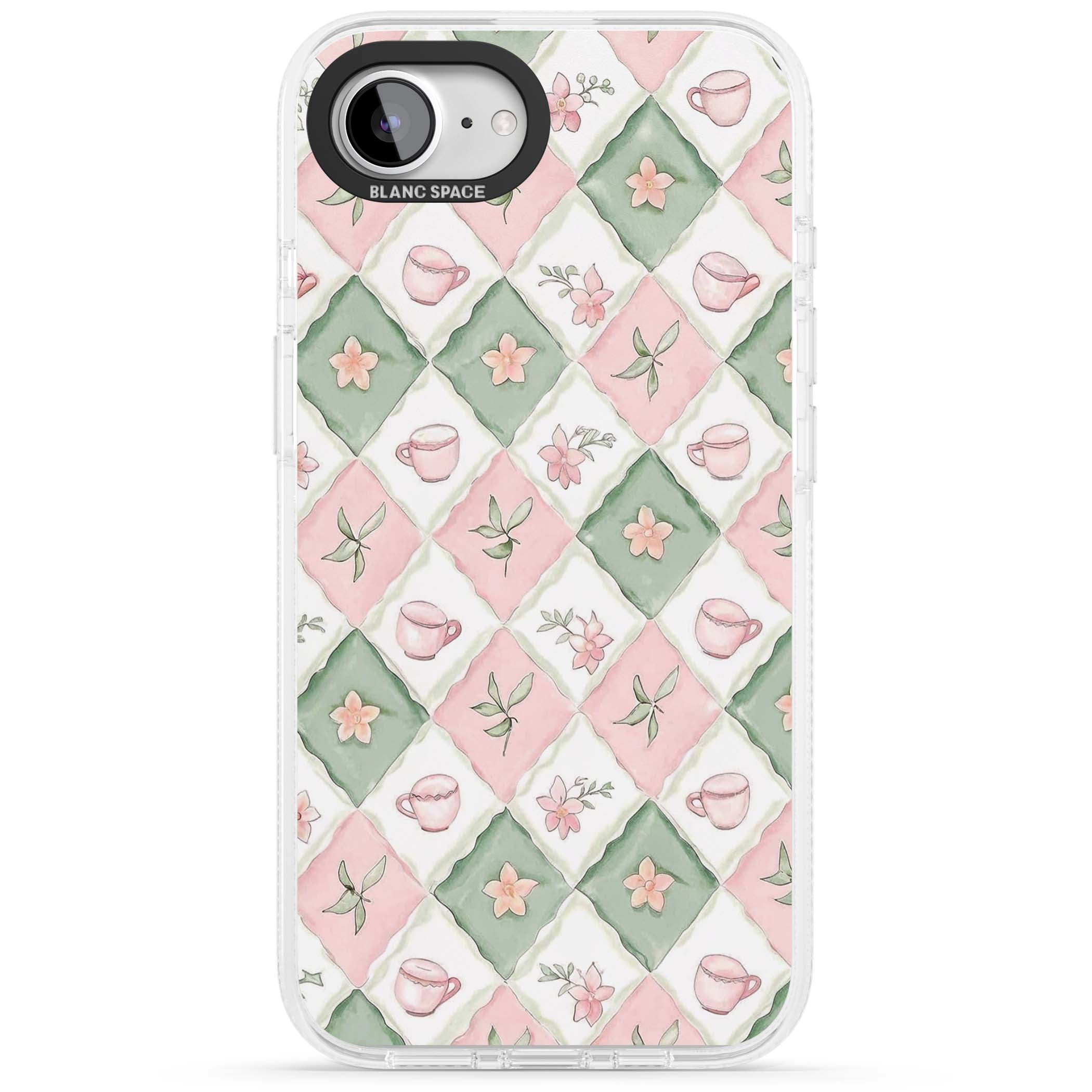 Garden Tea Party coquette iPhone case with pink and green checkered pattern, watercolour teacups and wildflowers | Clear Case Impact Air case for iPhone 16e, iPhone 17e