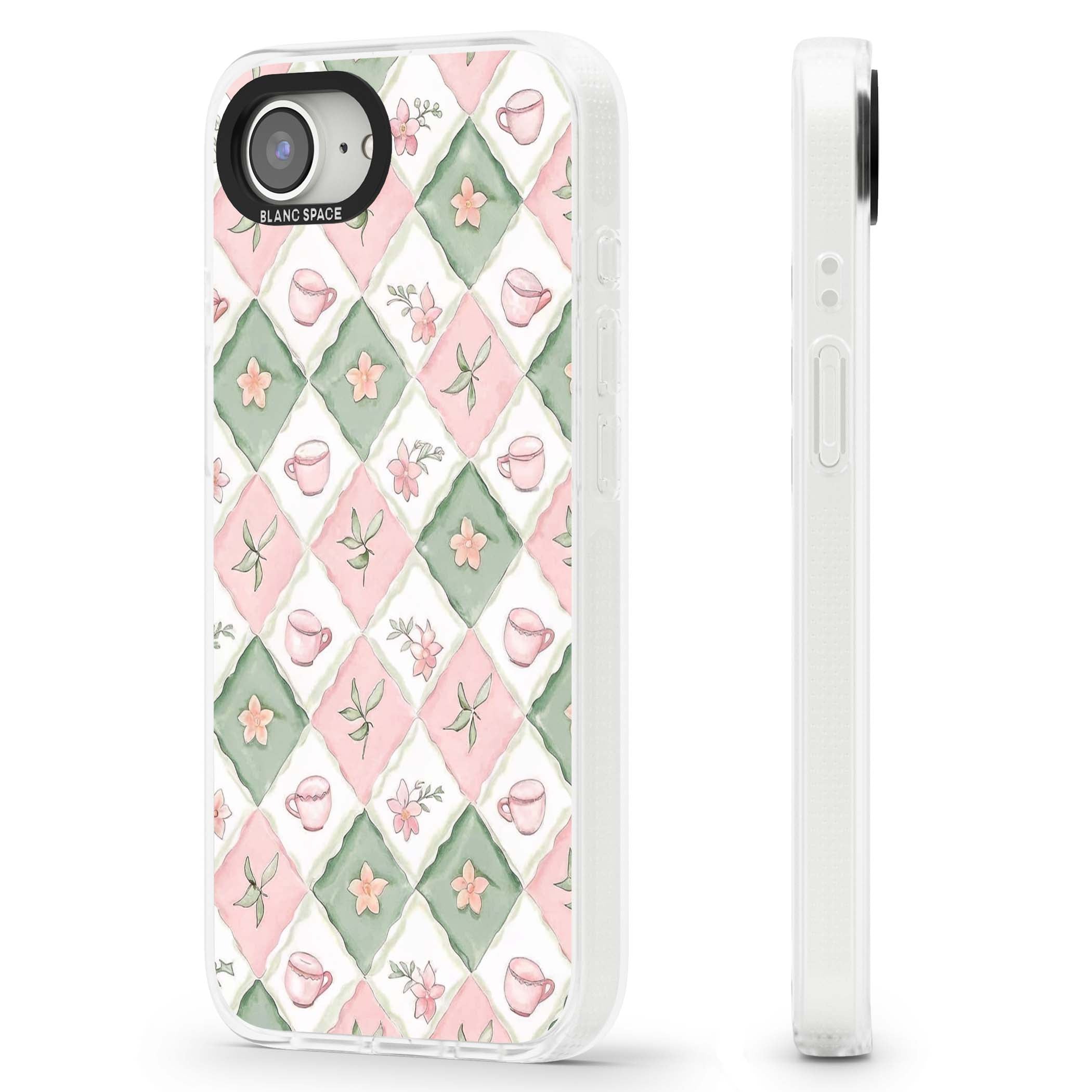 Garden Tea Party coquette iPhone case with pink and green checkered pattern, watercolour teacups and wildflowers | Clear Case Impact Air case for iPhone 16e, iPhone 17e