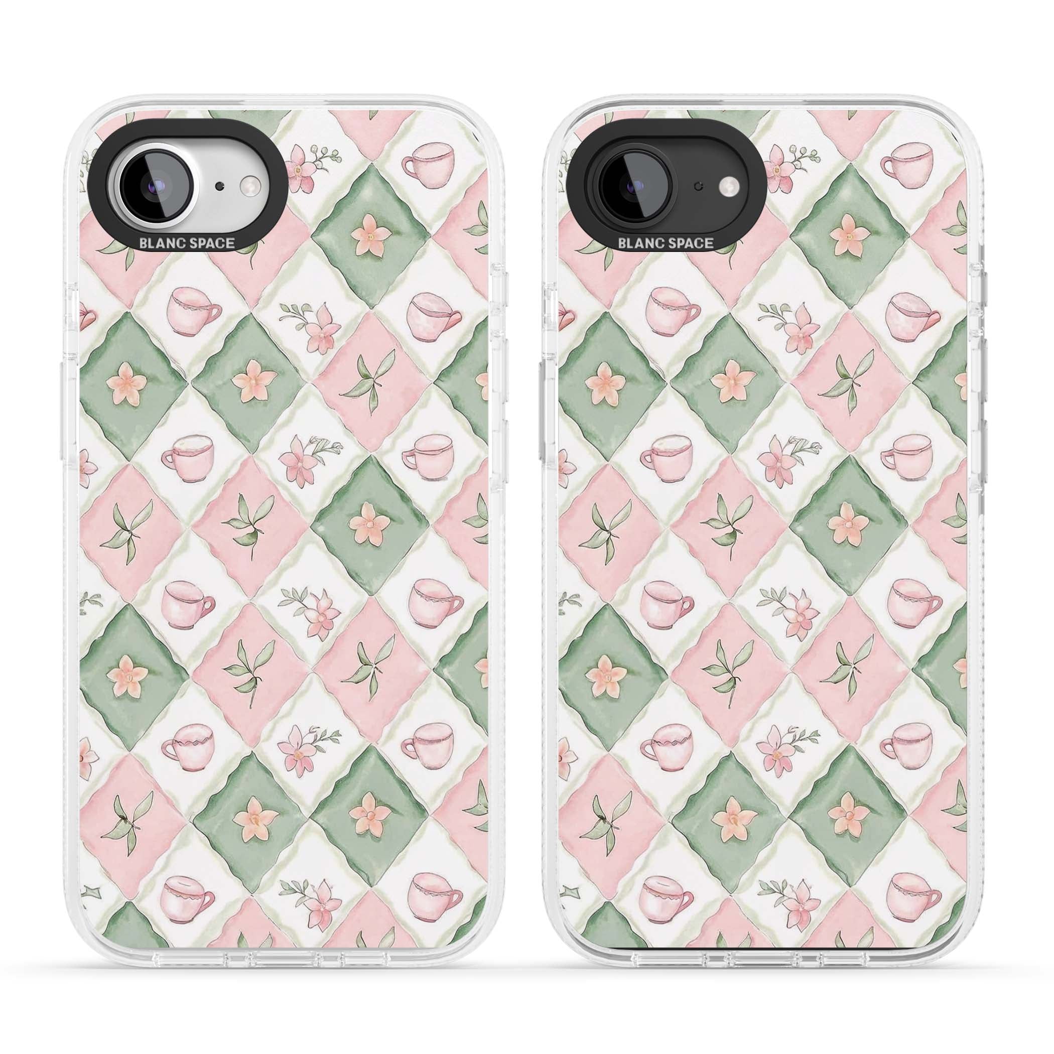 Garden Tea Party coquette iPhone case with pink and green checkered pattern, watercolour teacups and wildflowers | Clear Case Impact Air case for iPhone 16e, iPhone 17e