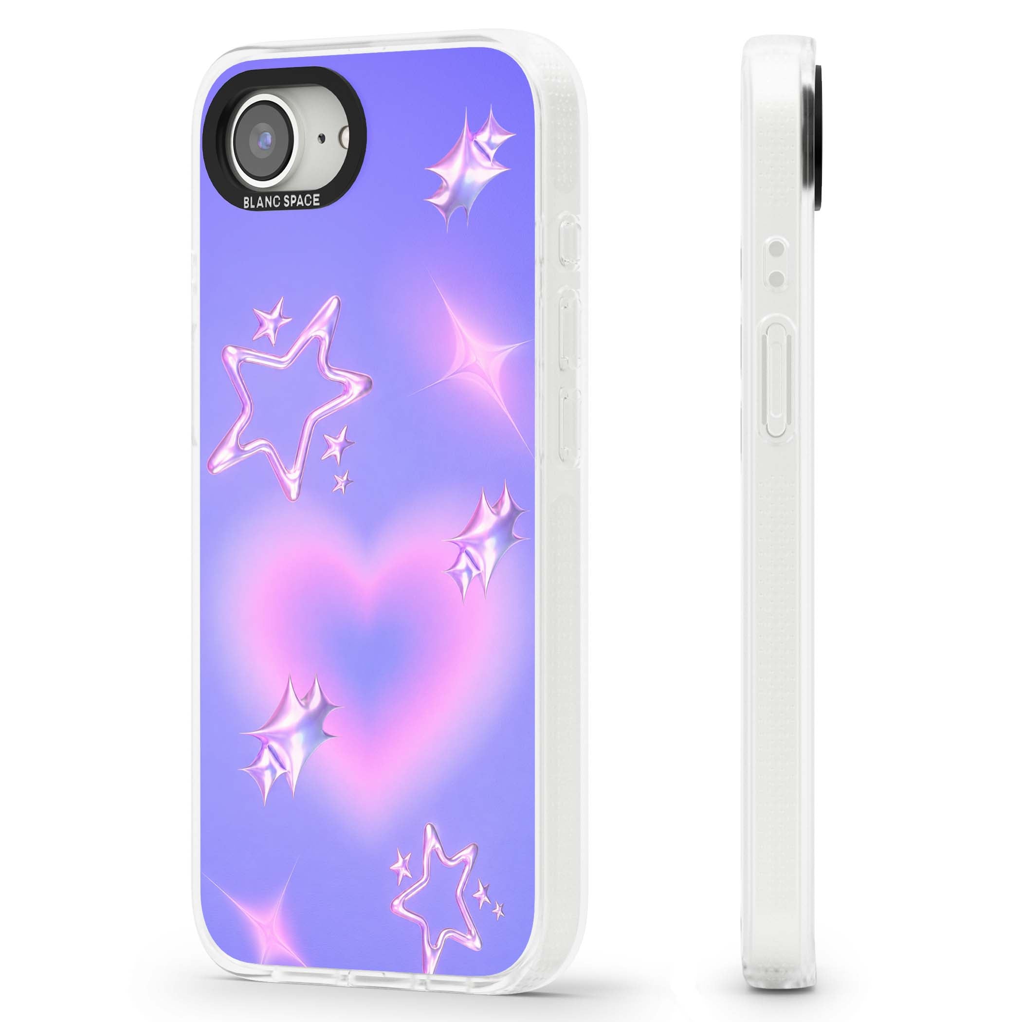 Soft Sugar Y2K iPhone case featuring iridescent chrome hearts, metallic pink stars and a lavender gradient sky | Clear Case Impact Air case for iPhone 16e, iPhone 17e